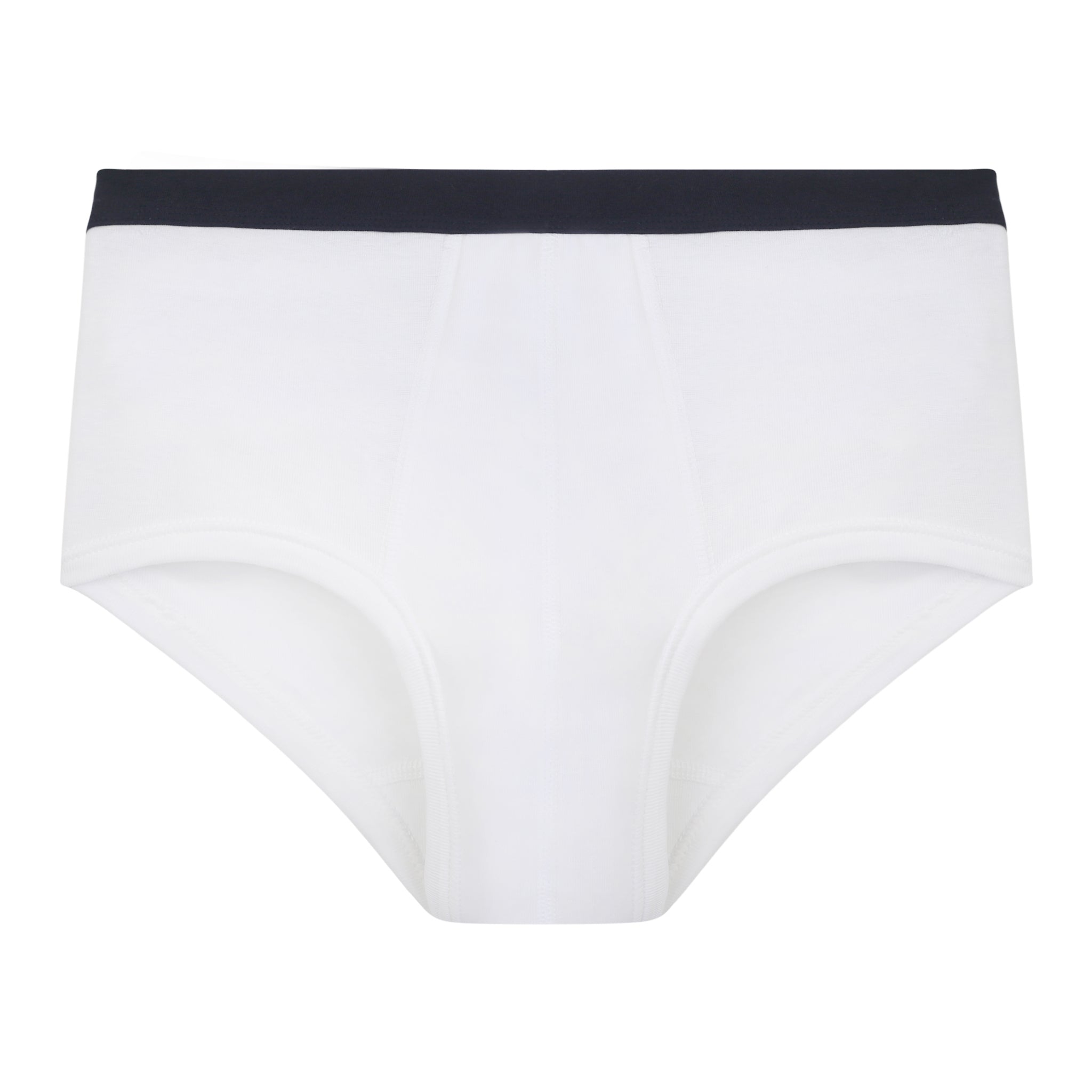 Slip taille haute ouvert blanc avec ceinture marine, posé à plat.