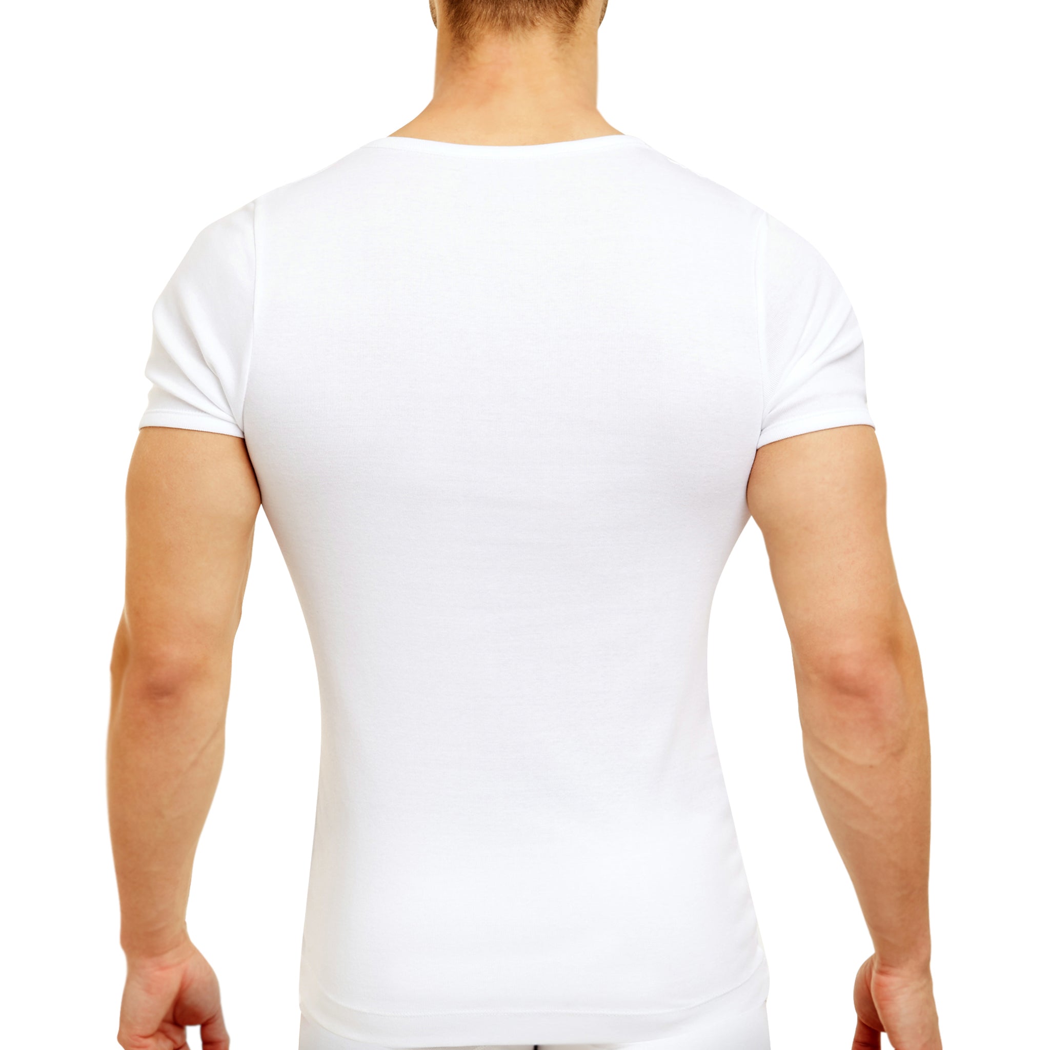 Vue arrière du T-shirt col rond blanc pour homme, parfait pour une tenue décontractée