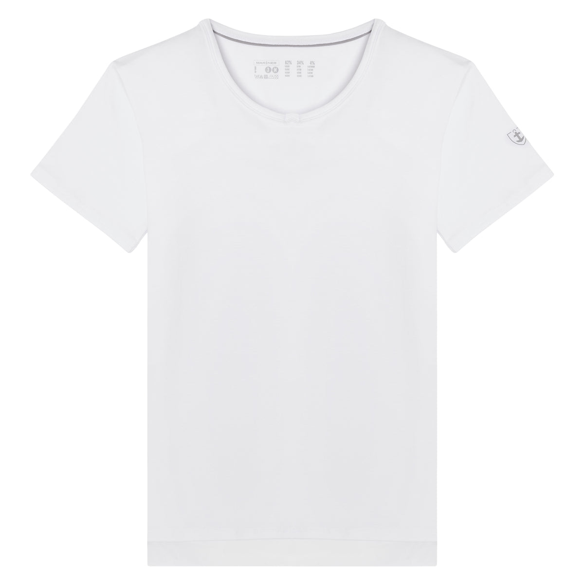 T-shirt blanc col V en fibre de bambou en présentation à plat, montrant la texture et le design du tissu.
