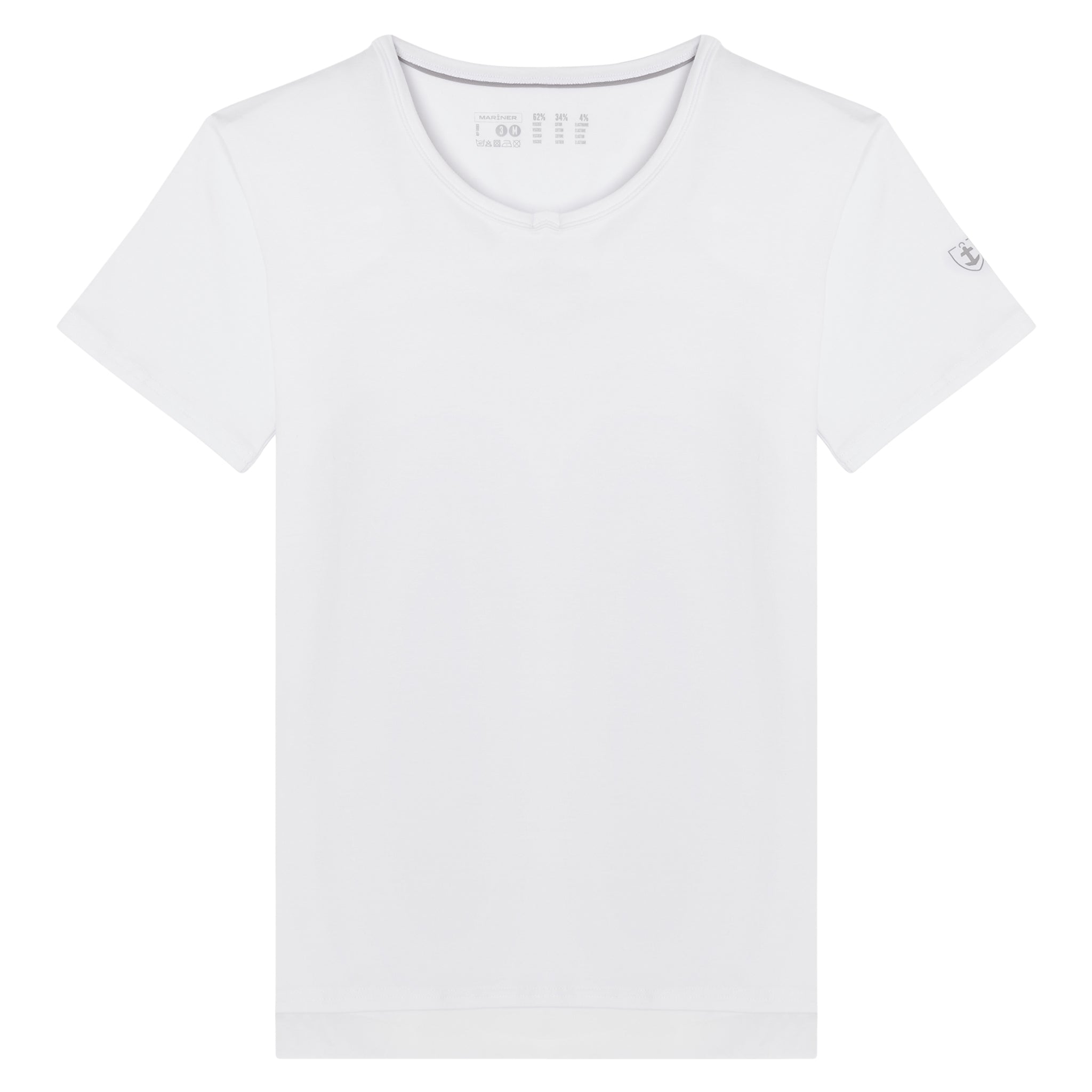 T-shirt blanc col V en fibre de bambou en présentation à plat, montrant la texture et le design du tissu.