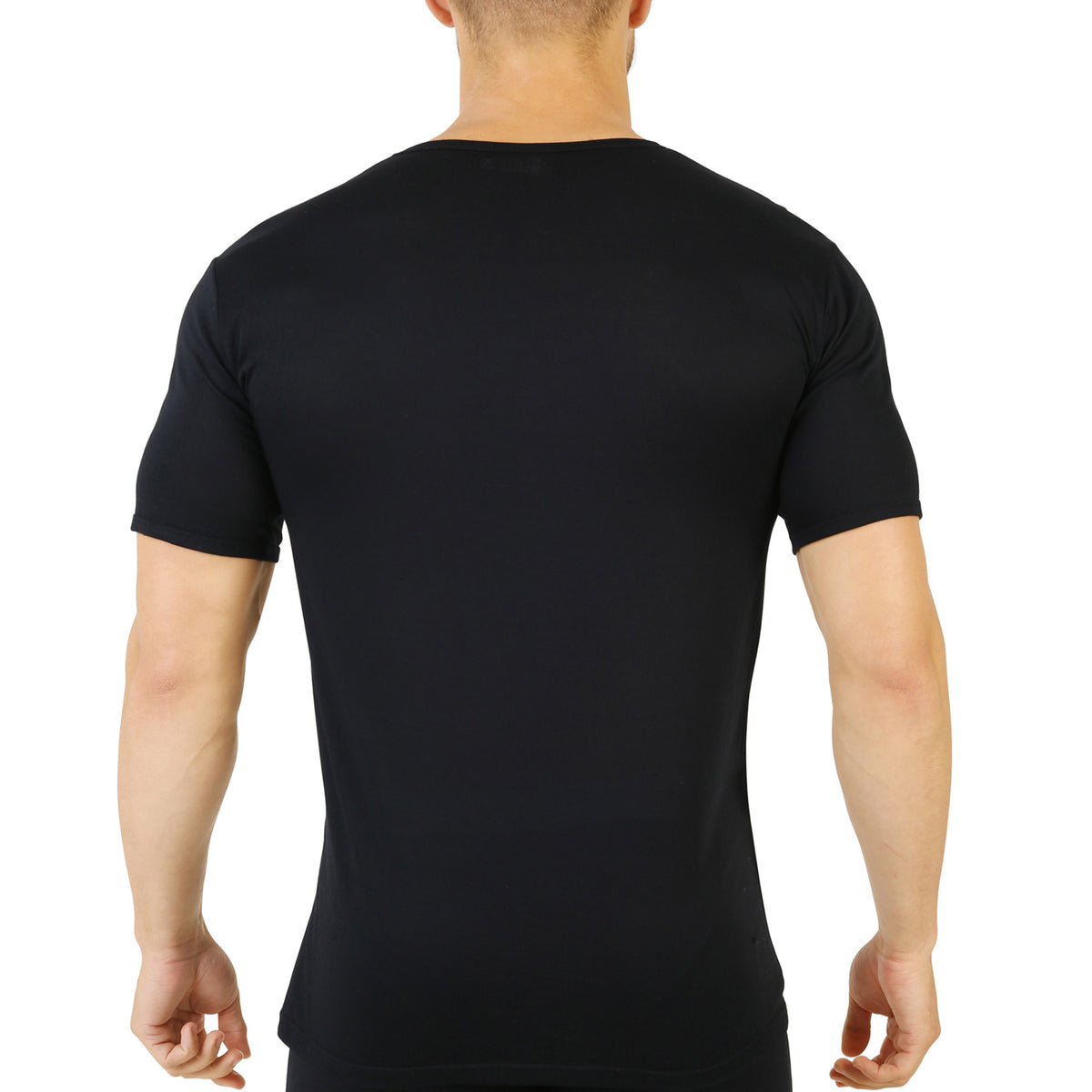 Vue de dos d’un t-shirt col V noir élégant en fibre de bambou.