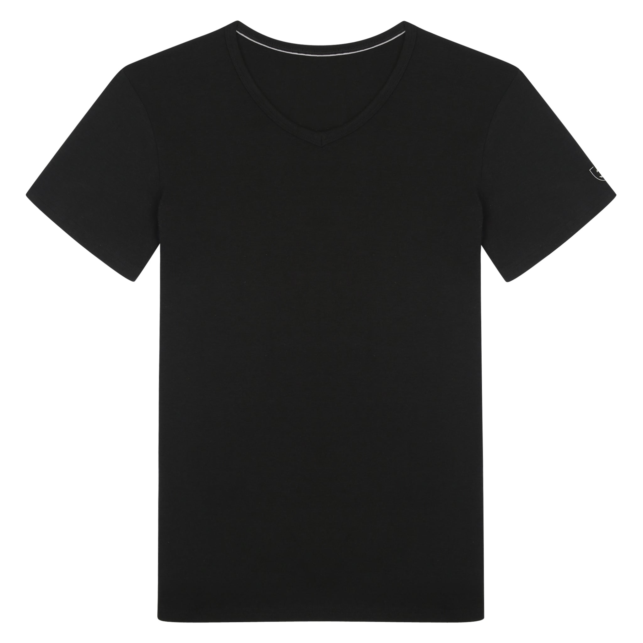 T-shirt col V noir à manches courtes, présenté à plat, idéal pour un look minimaliste.