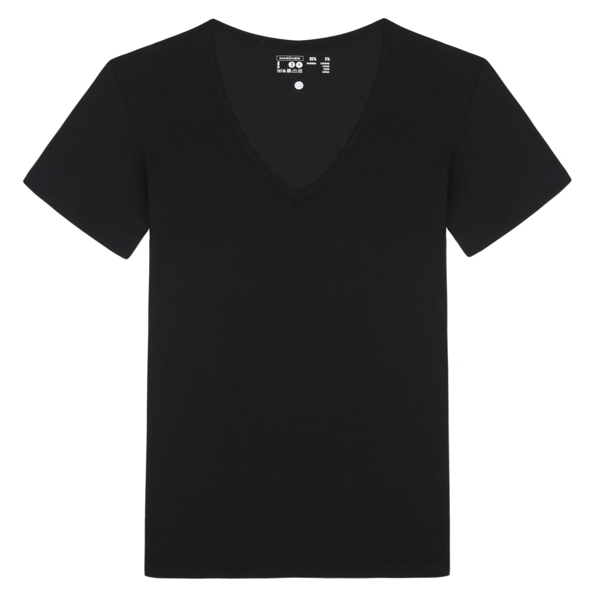 T-shirt col V dégagé noir en Micromodal stretch, présenté à plat pour montrer les détails de la coupe.