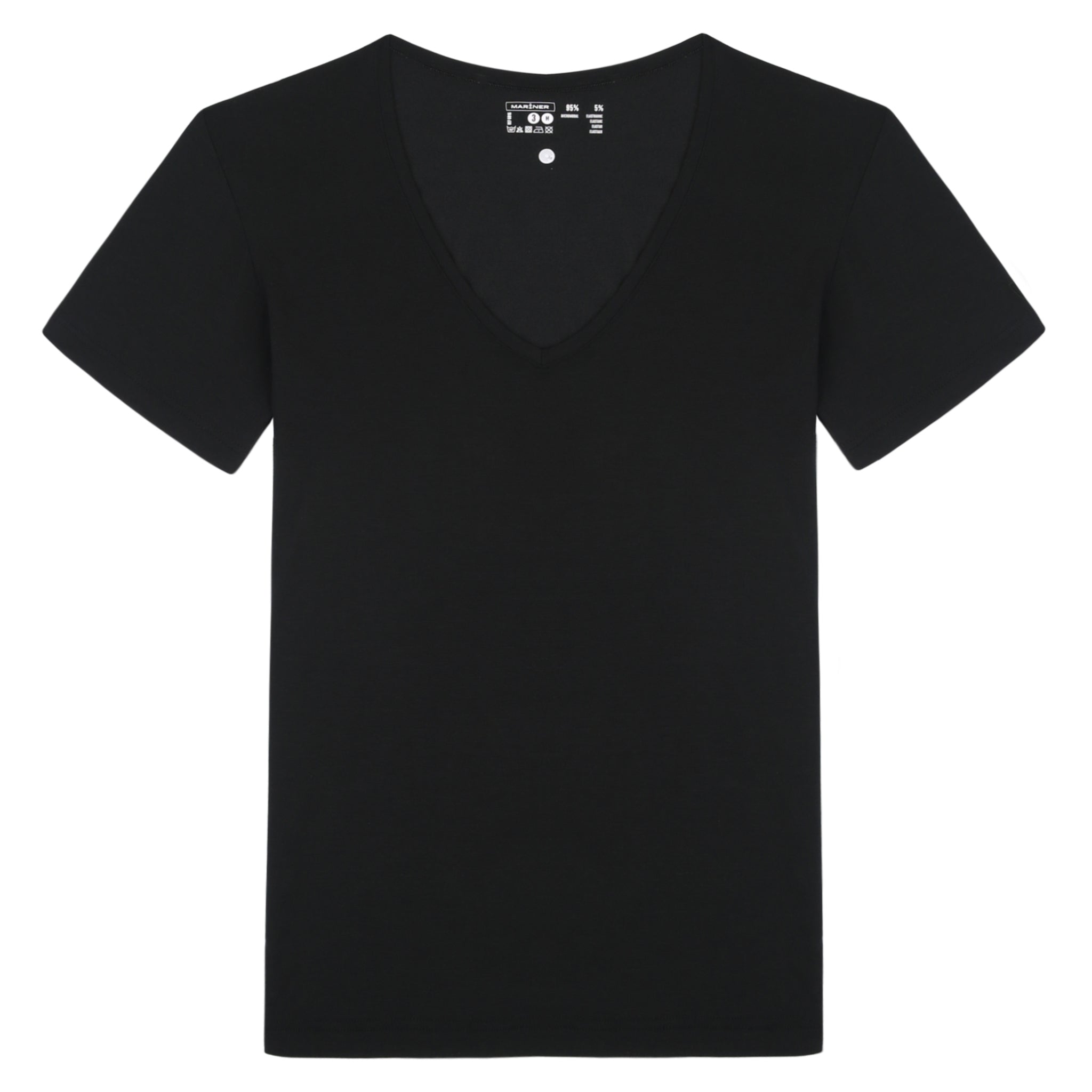T-shirt col V dégagé noir en Micromodal stretch, présenté à plat pour montrer les détails de la coupe.