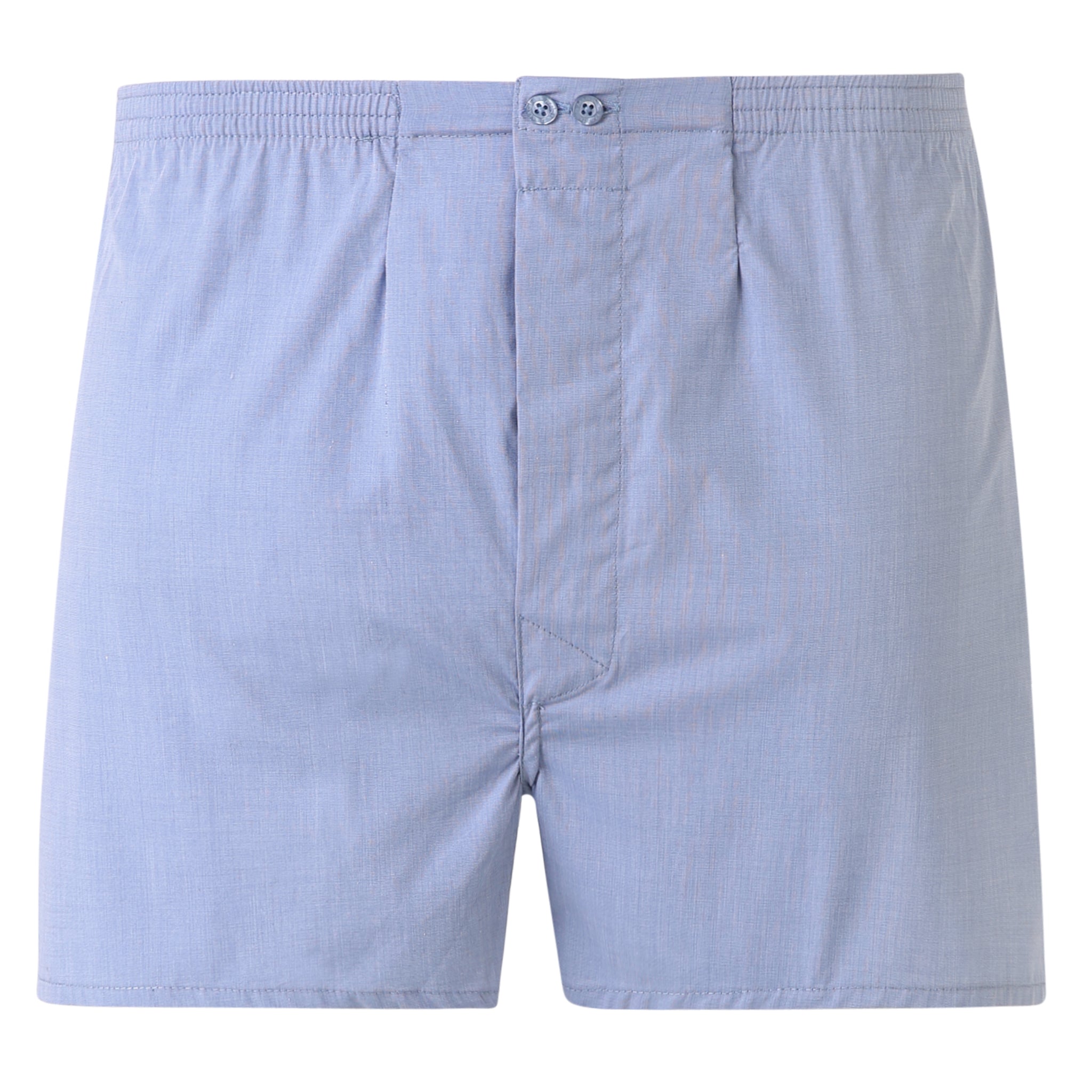 Caleçon américain bleu en coton, posé à plat.