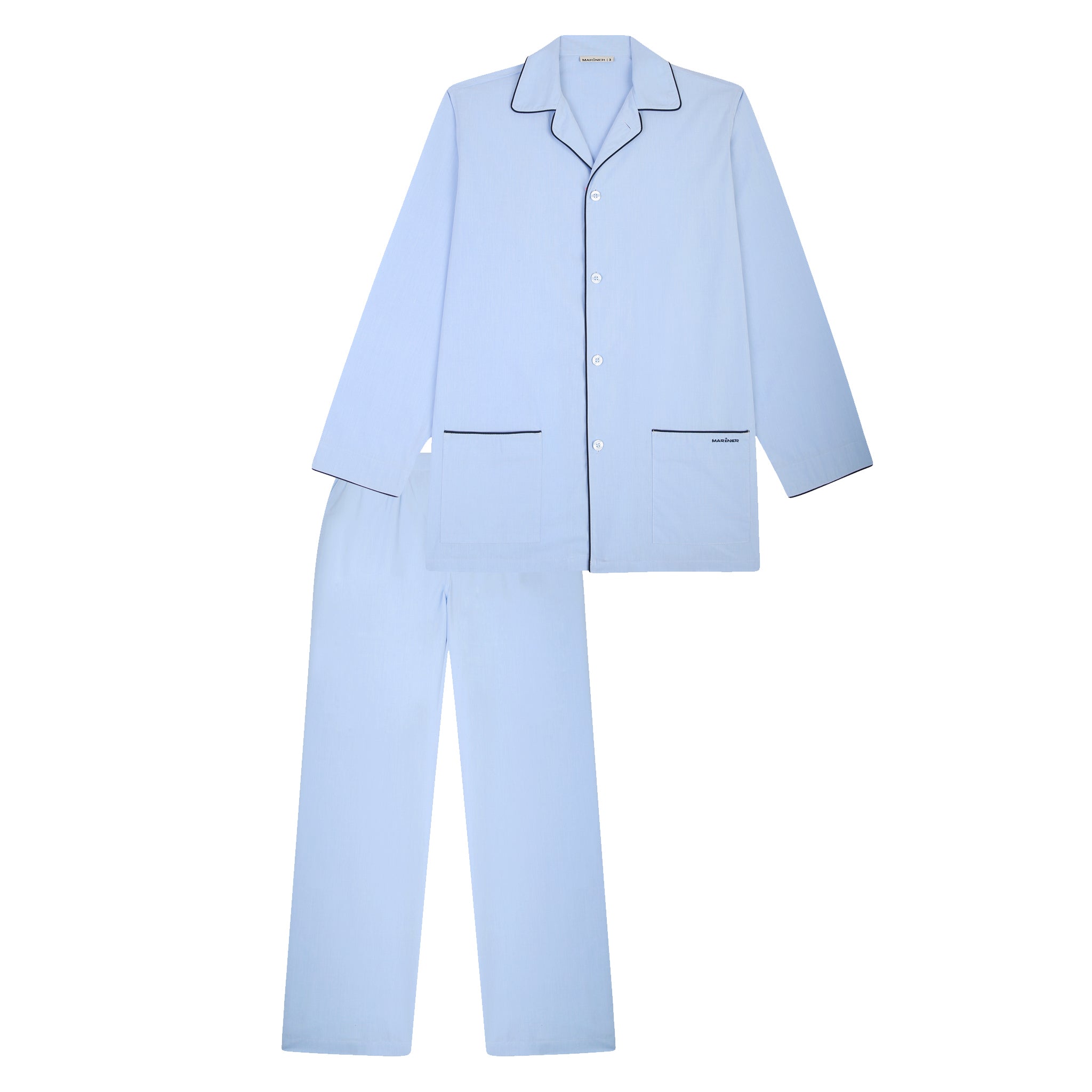 Pyjama ouvert bleu ciel complet avec veste et pantalon, présenté à plat.
