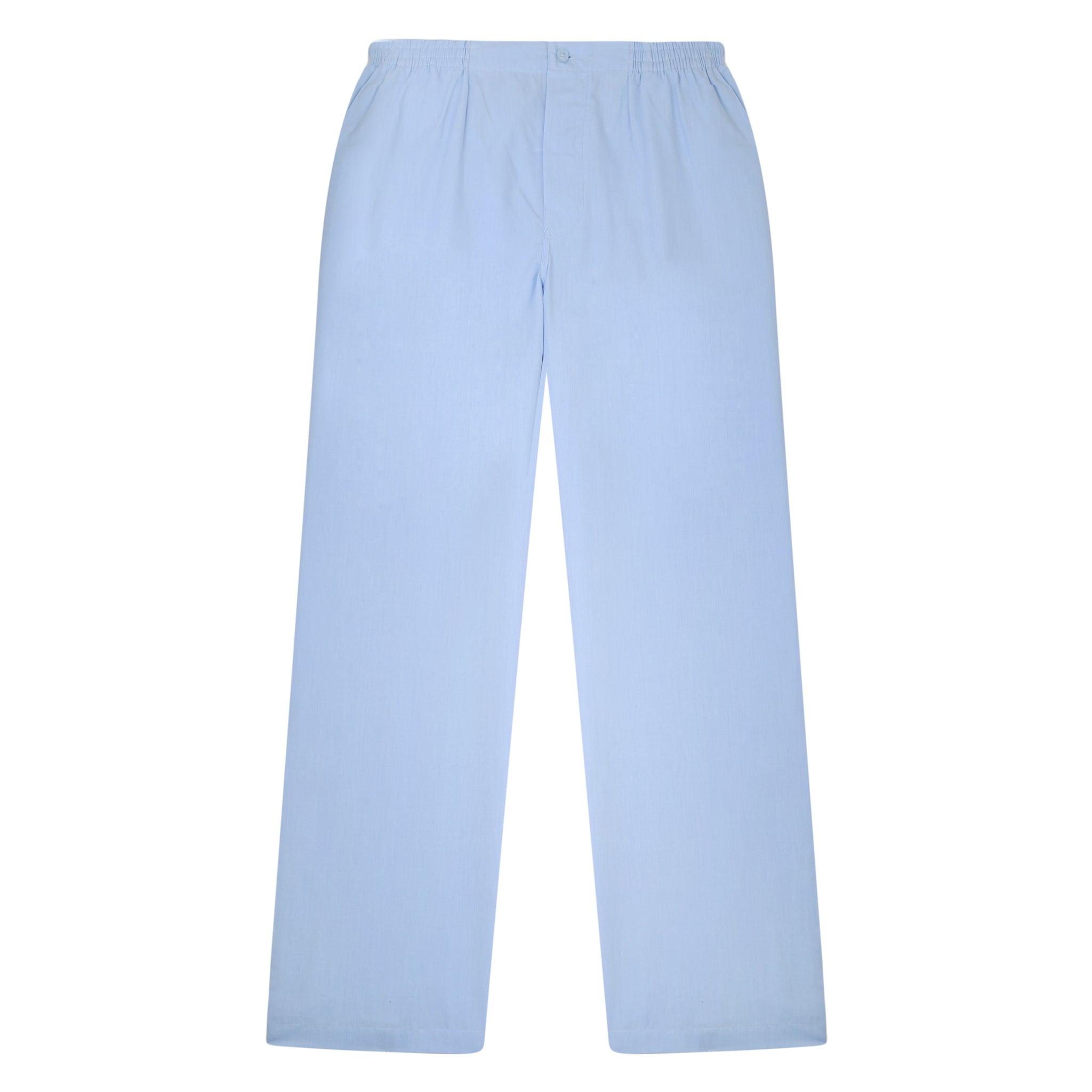 Pantalon de pyjama ouvert bleu ciel présenté seul, vue à plat.