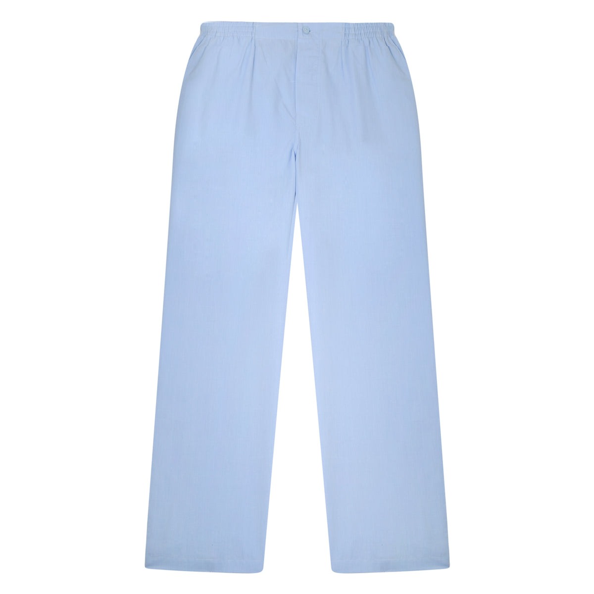 Pantalon de pyjama ouvert bleu ciel présenté seul, vue à plat.