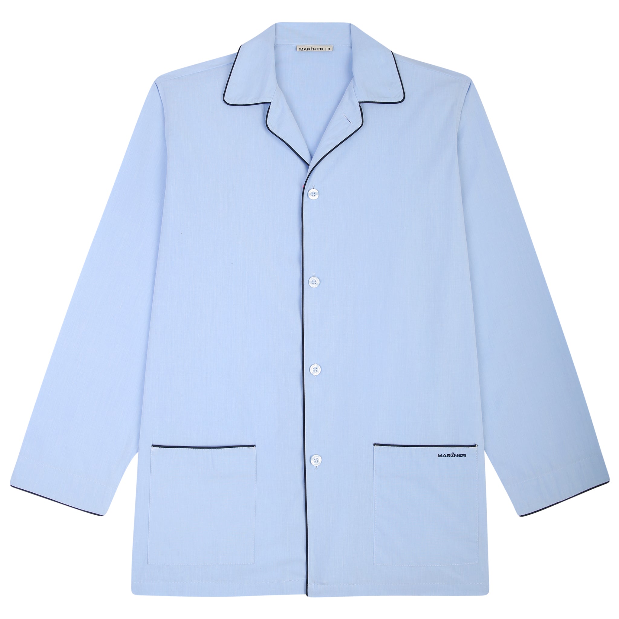 Veste de pyjama ouvert bleu ciel avec bordures contrastées, vue à plat.