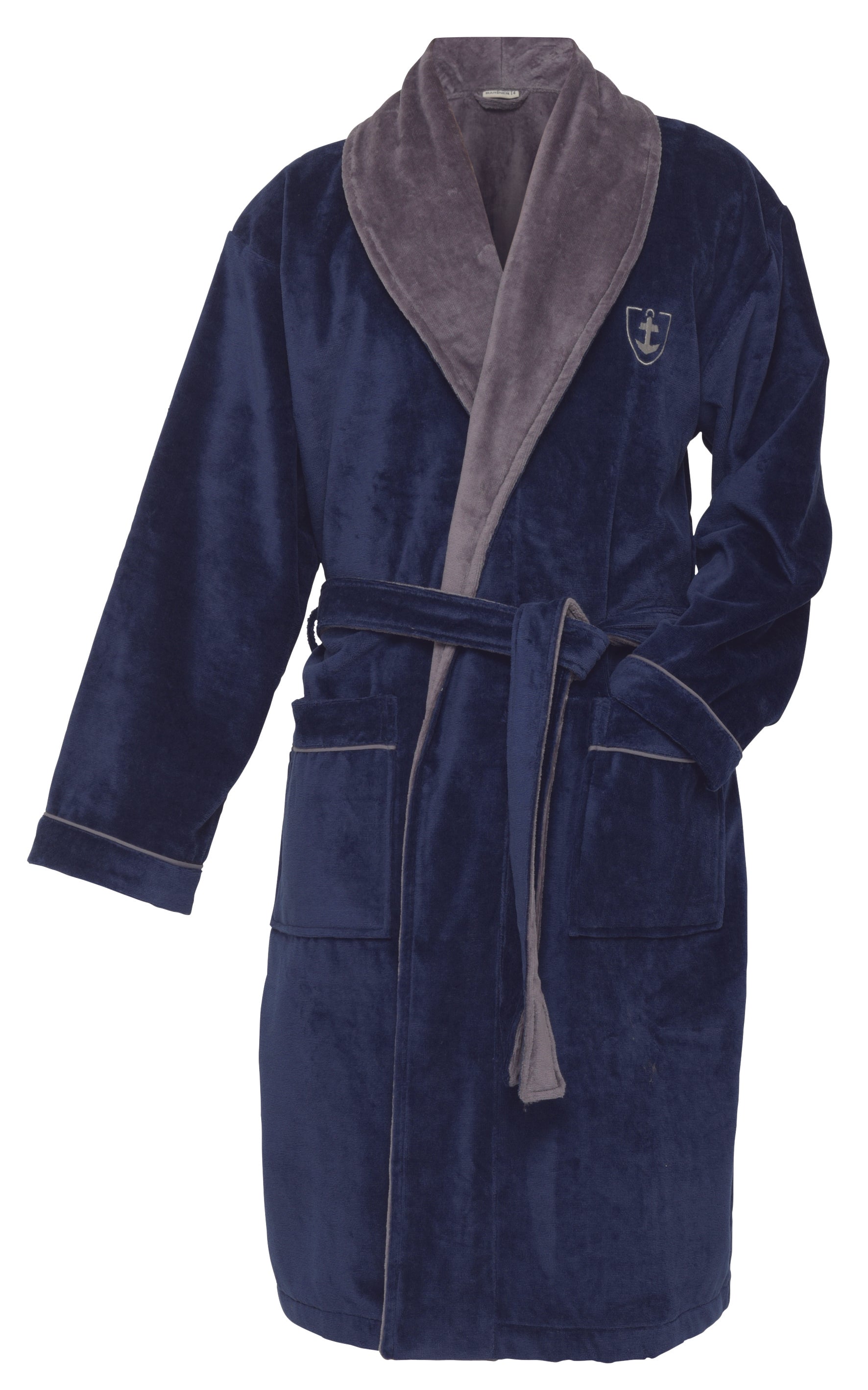 Peignoir de bain bicolore en velours coton avec col châle et ceinture, couleur bleu et gris.