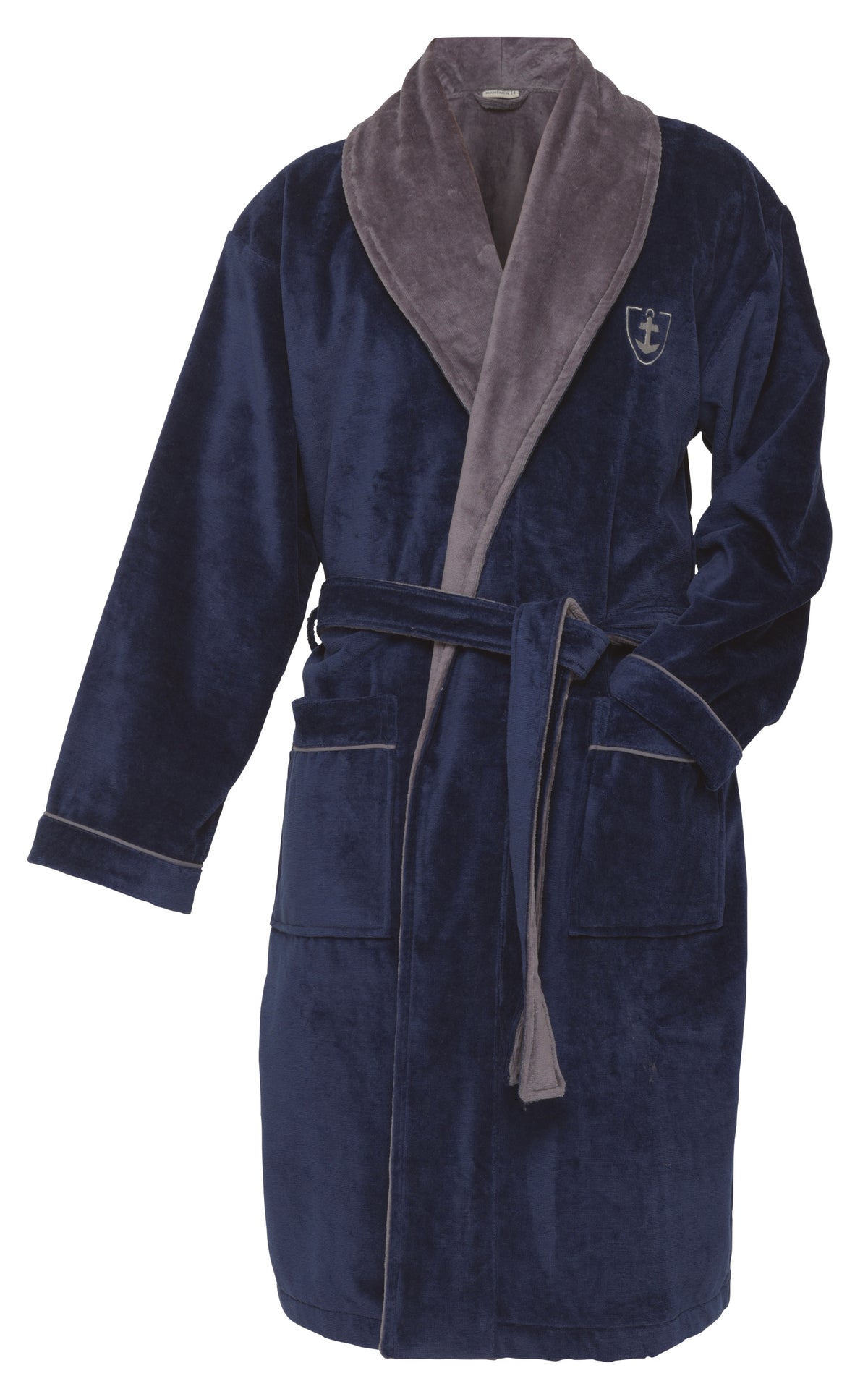 Peignoir de bain bicolore en velours coton avec col châle et ceinture, couleur bleu et gris.