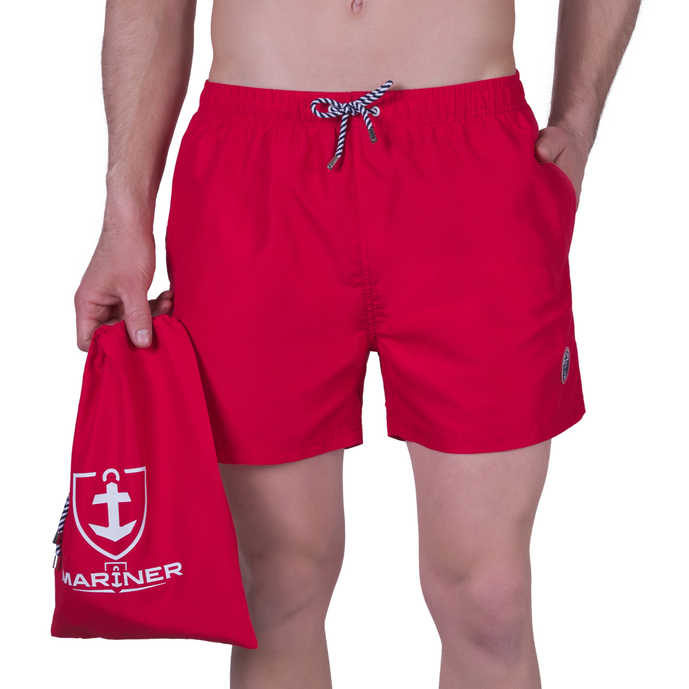 Short de bain avec doublure filet , ROUGE.  Avec pochon de voyage !