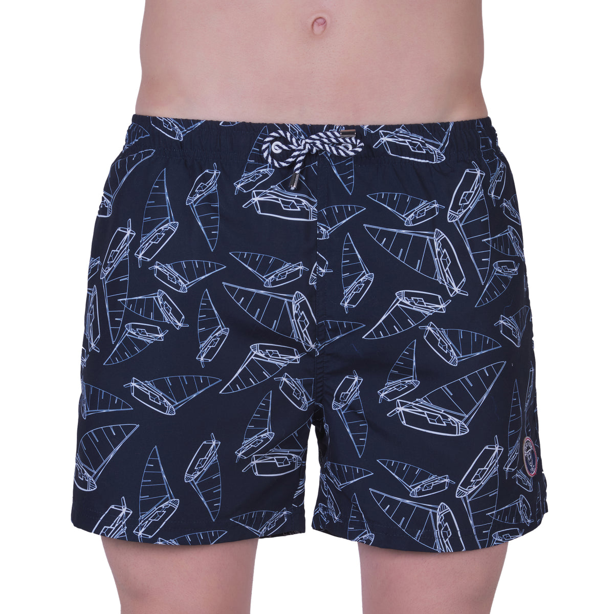 Bedrukte zwembroek met mesh voering, MARINE kleur. Met reisetui !