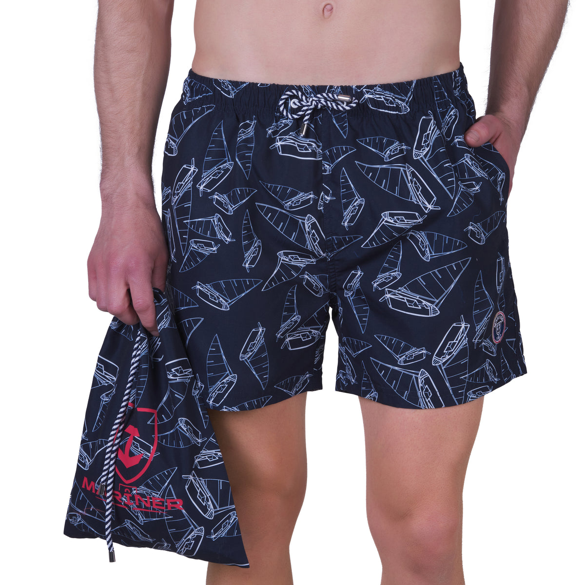Bedrukte zwembroek met mesh voering, MARINE kleur. Met reisetui !