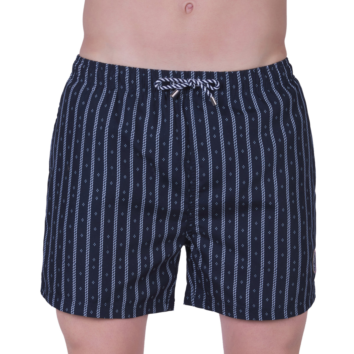Bedrukte zwembroek met mesh voering, MARINE kleur. Met reisetui !