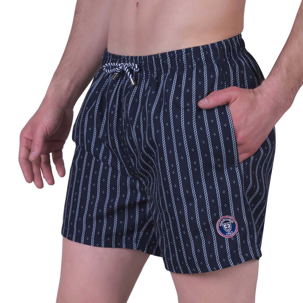 Bedrukte zwembroek met mesh voering, MARINE kleur. Met reisetui !