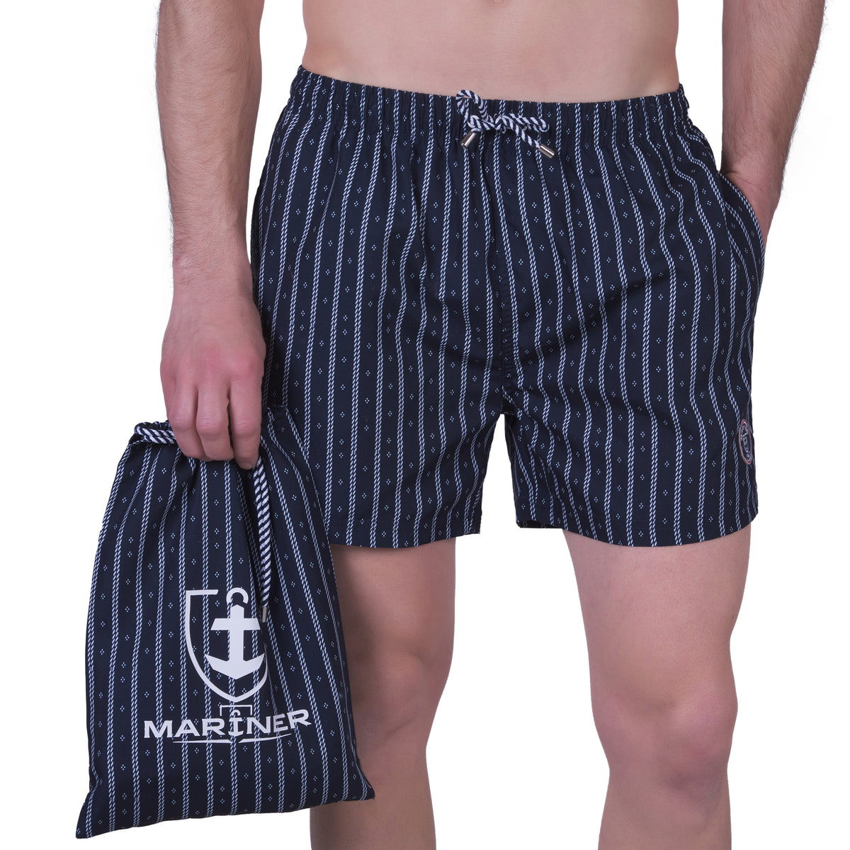 Bedrukte zwembroek met mesh voering, MARINE kleur. Met reisetui !