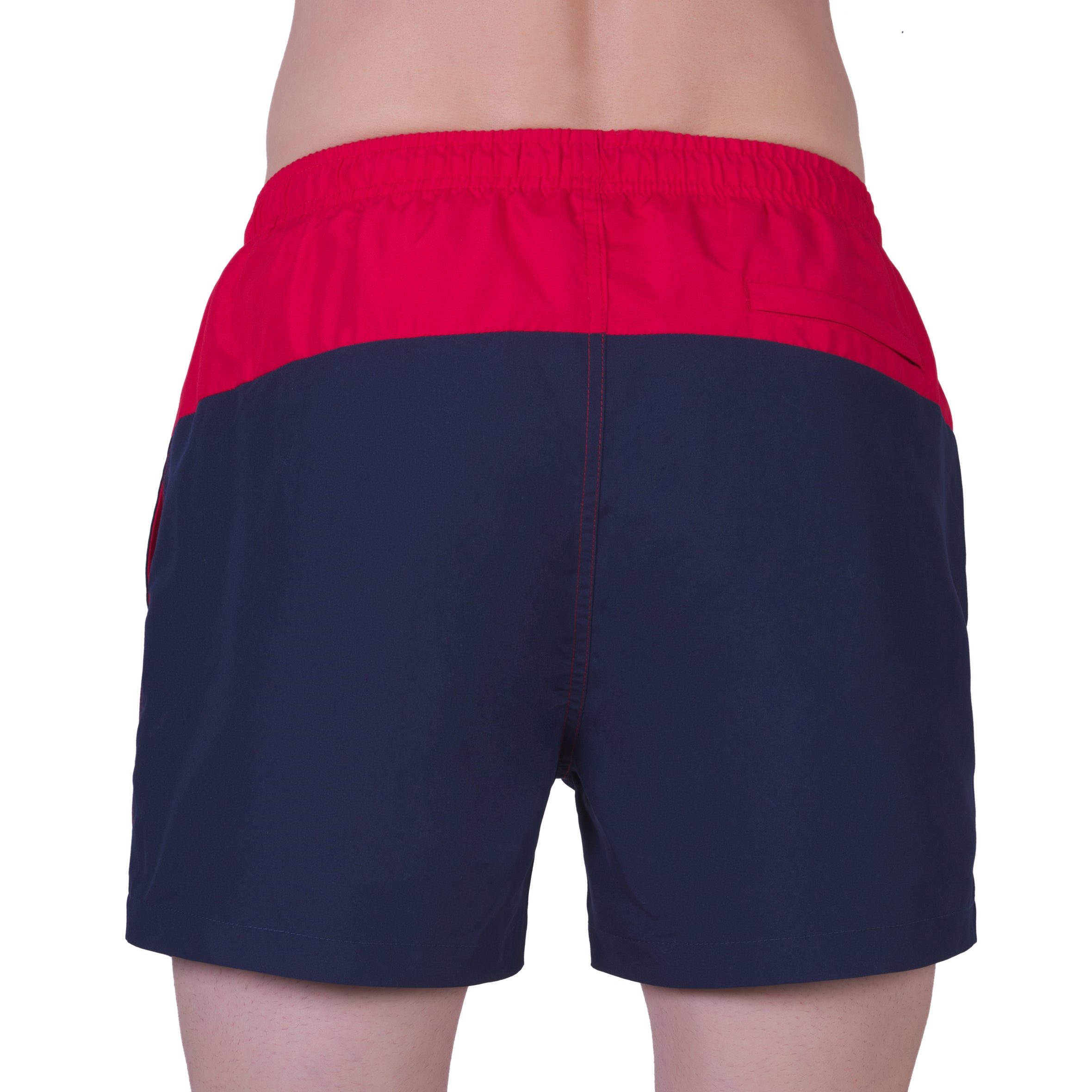 Short de bain bicolore avec doublure filet , MARINE et ROUGE.  Avec pochon de voyage !