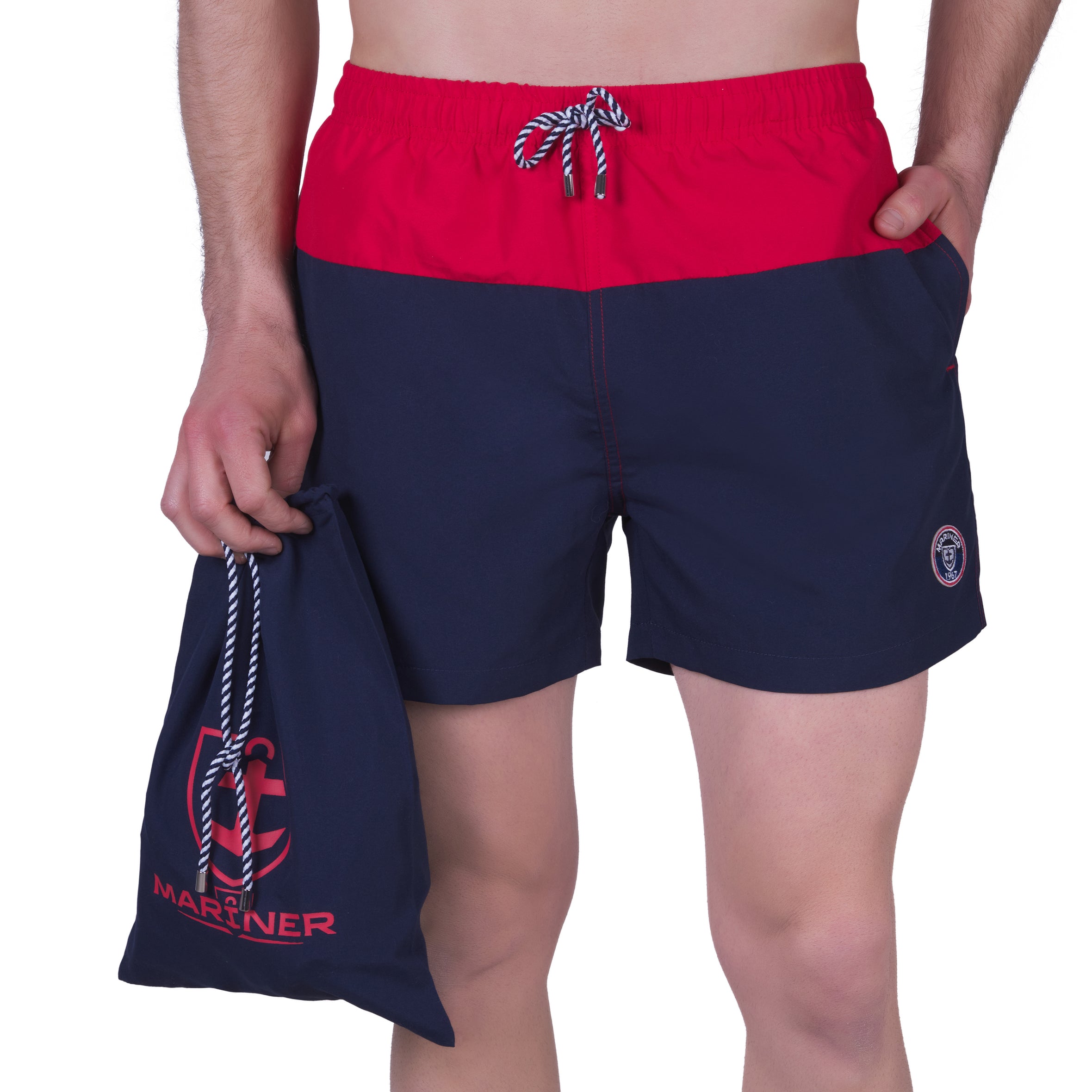 Short de bain bicolore avec doublure filet , MARINE et ROUGE.  Avec pochon de voyage !