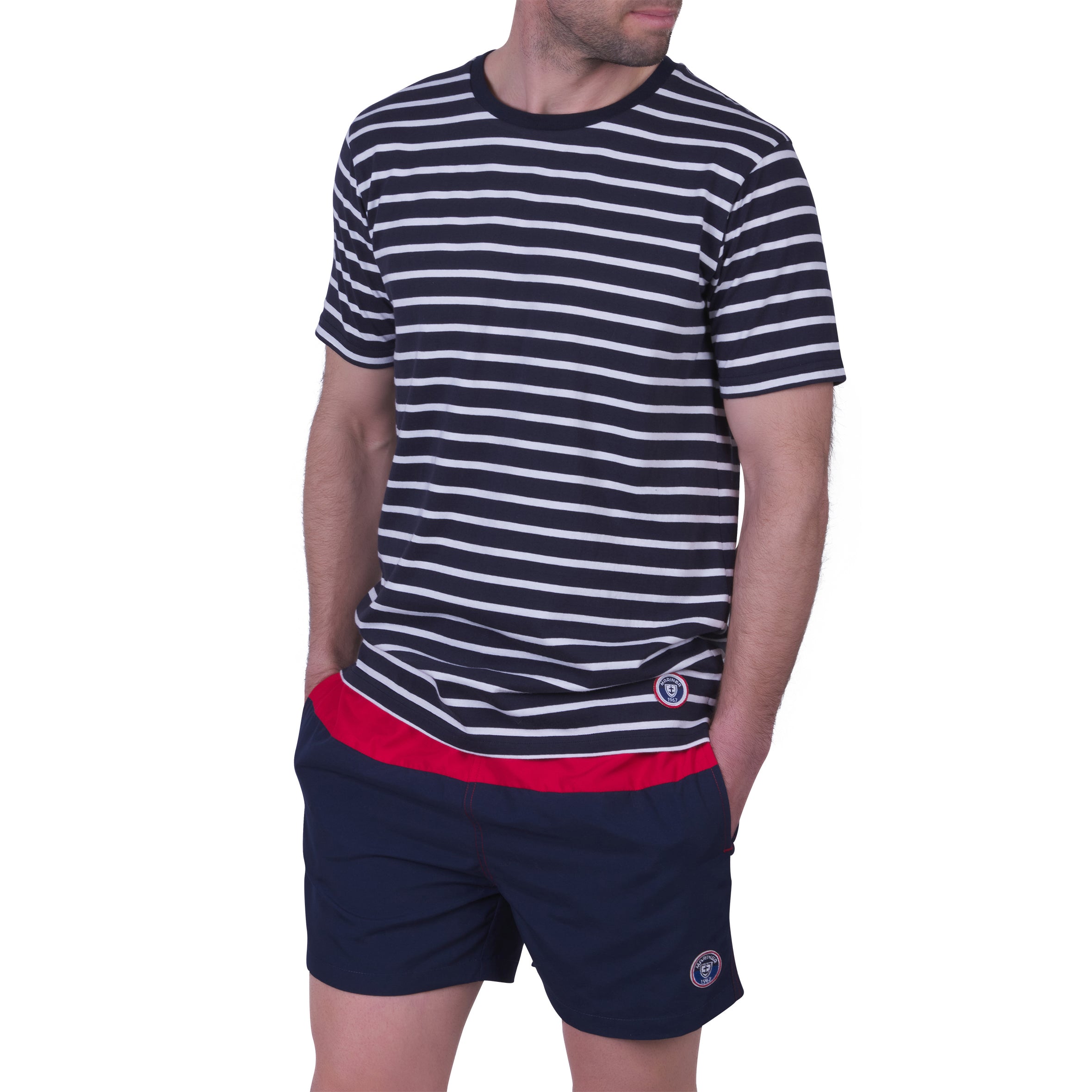 Short de bain bicolore avec doublure filet , MARINE et ROUGE. Avec pochon de voyage ! 920