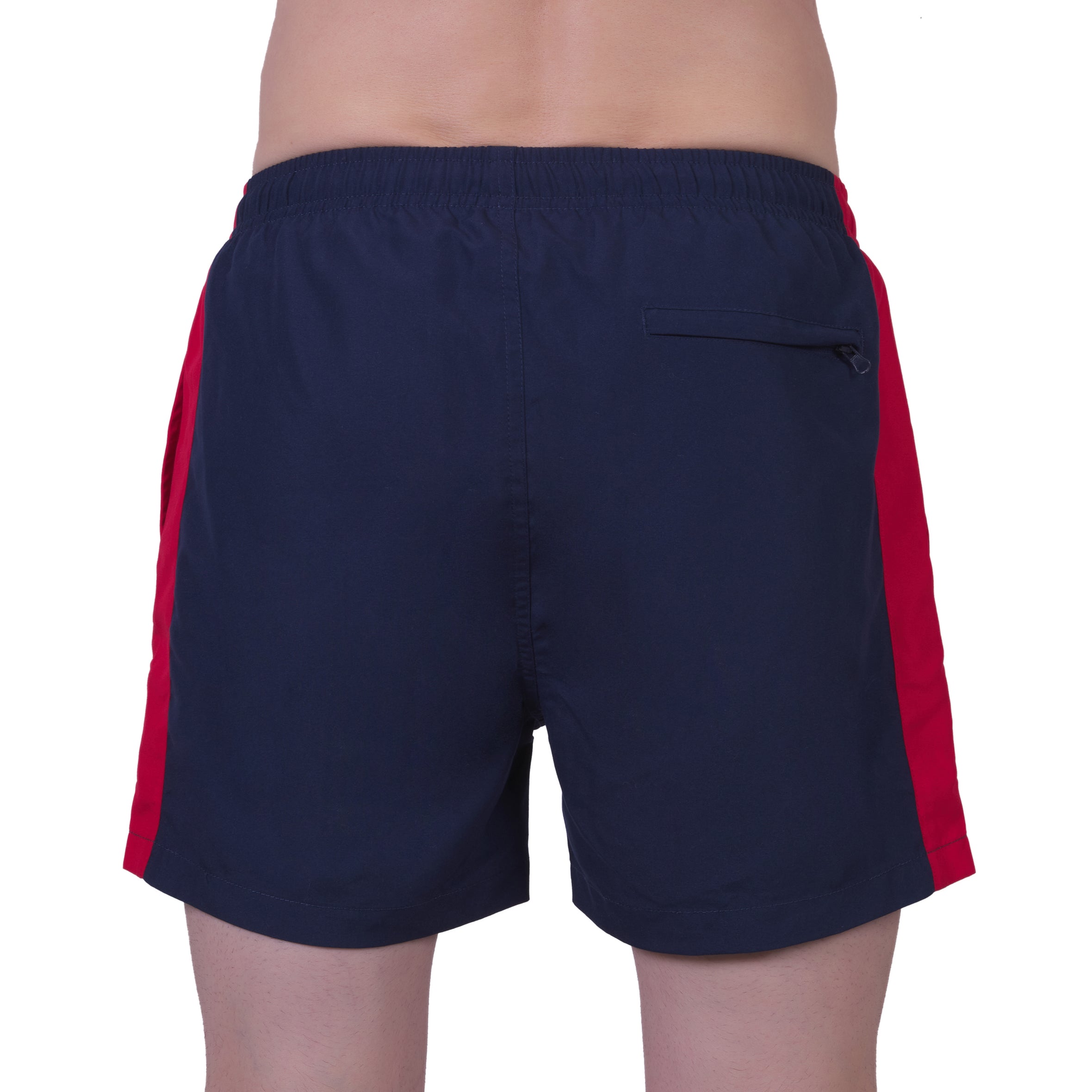 Short de bain bicolore avec doublure filet , MARINE et ROUGE.  Avec pochon de voyage !