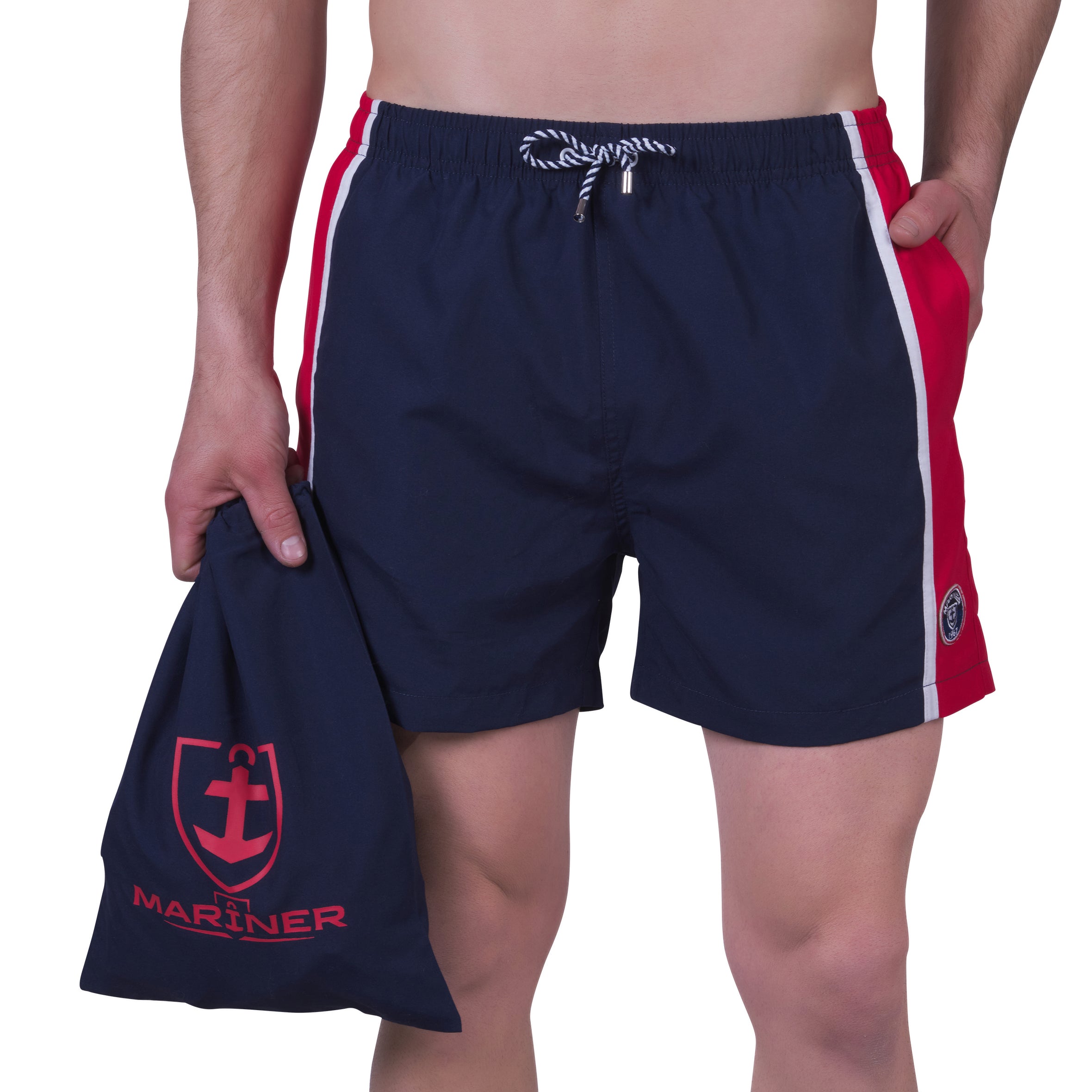 Short de bain bicolore avec doublure filet , MARINE et ROUGE.  Avec pochon de voyage !