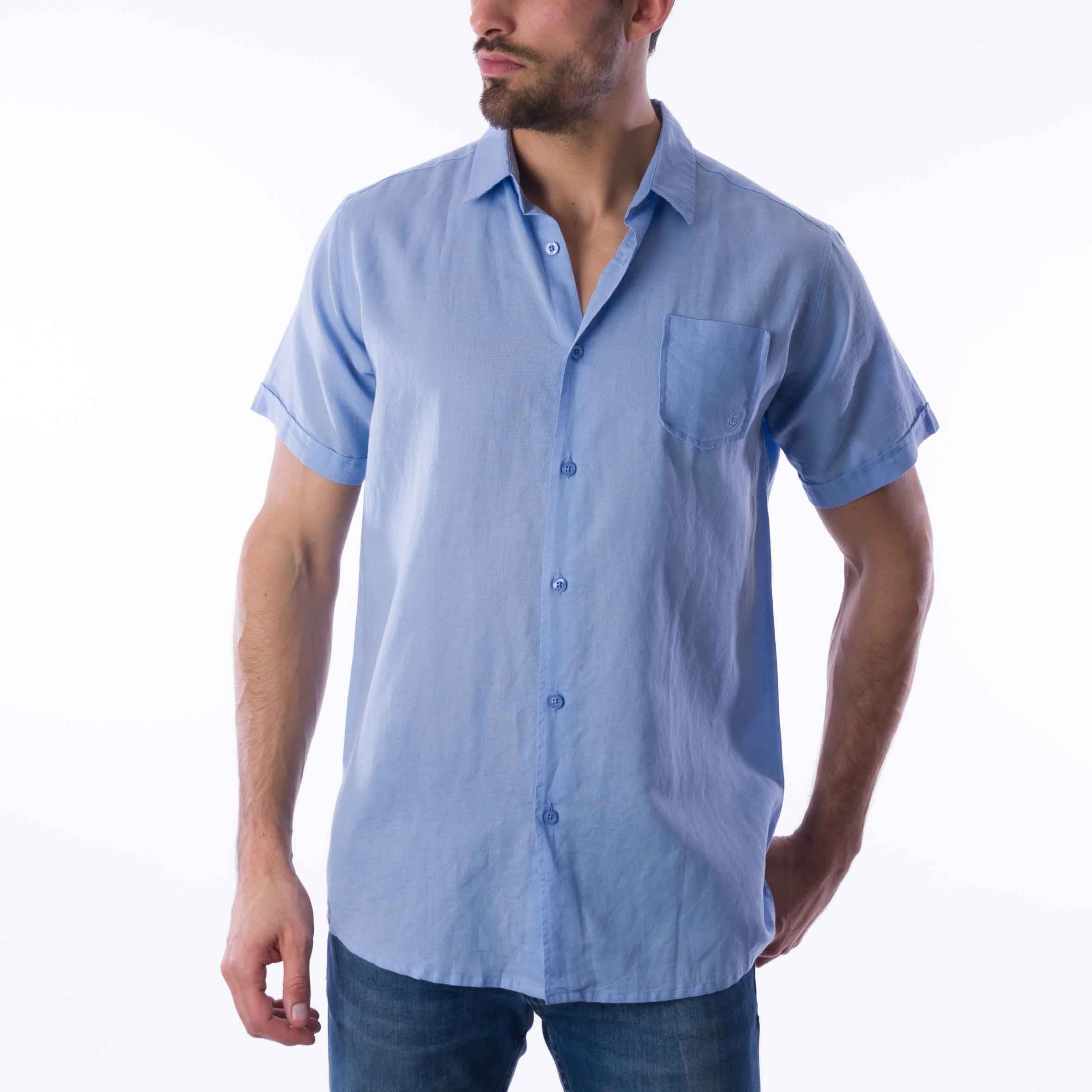 Chemise Manches Courtes en Coton et Lin Bleu Ciel 964