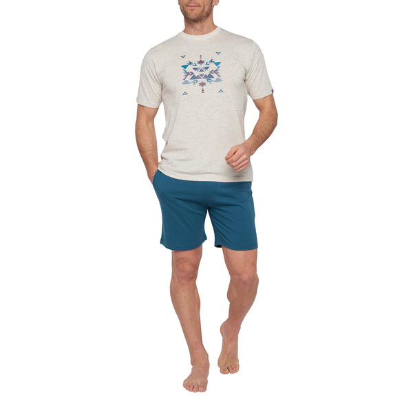 Pyjama Court en Jersey de Coton Peigné Beige et Bleu