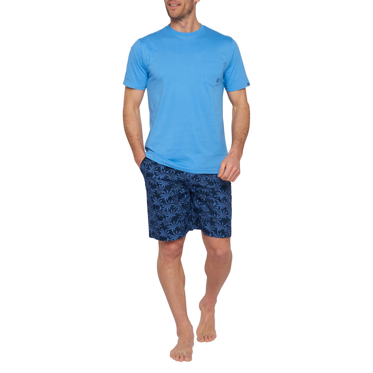 Pyjama Court en Jersey de Coton Peigné et Popeline Imprimée Bleu Océan et Marine