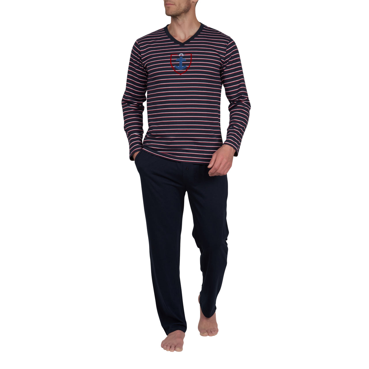 Pyjama Col V en Jersey de Coton Rayé Marine et Bordeaux