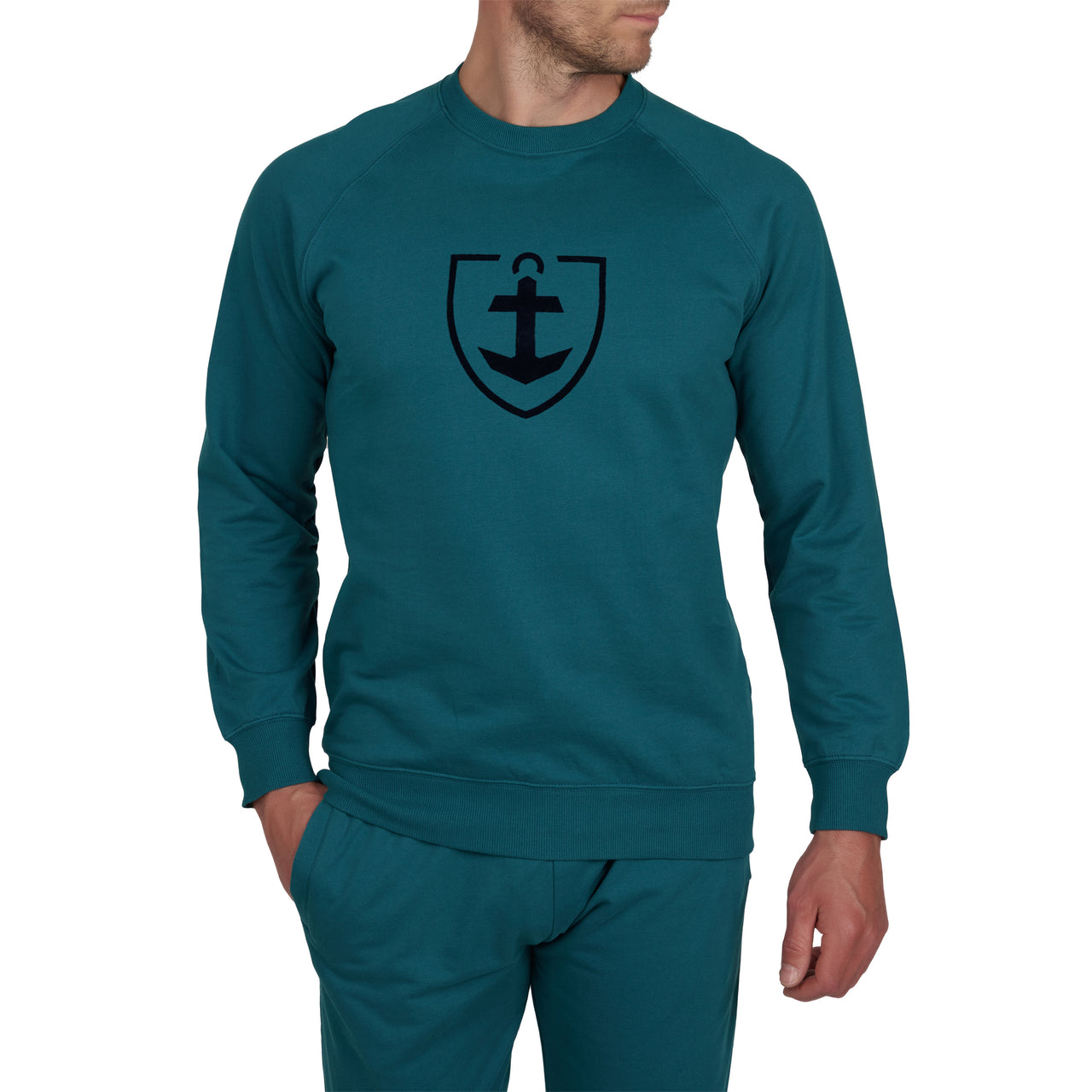 Sweatshirt Col Rond en Molleton Pur Coton Vert Foret