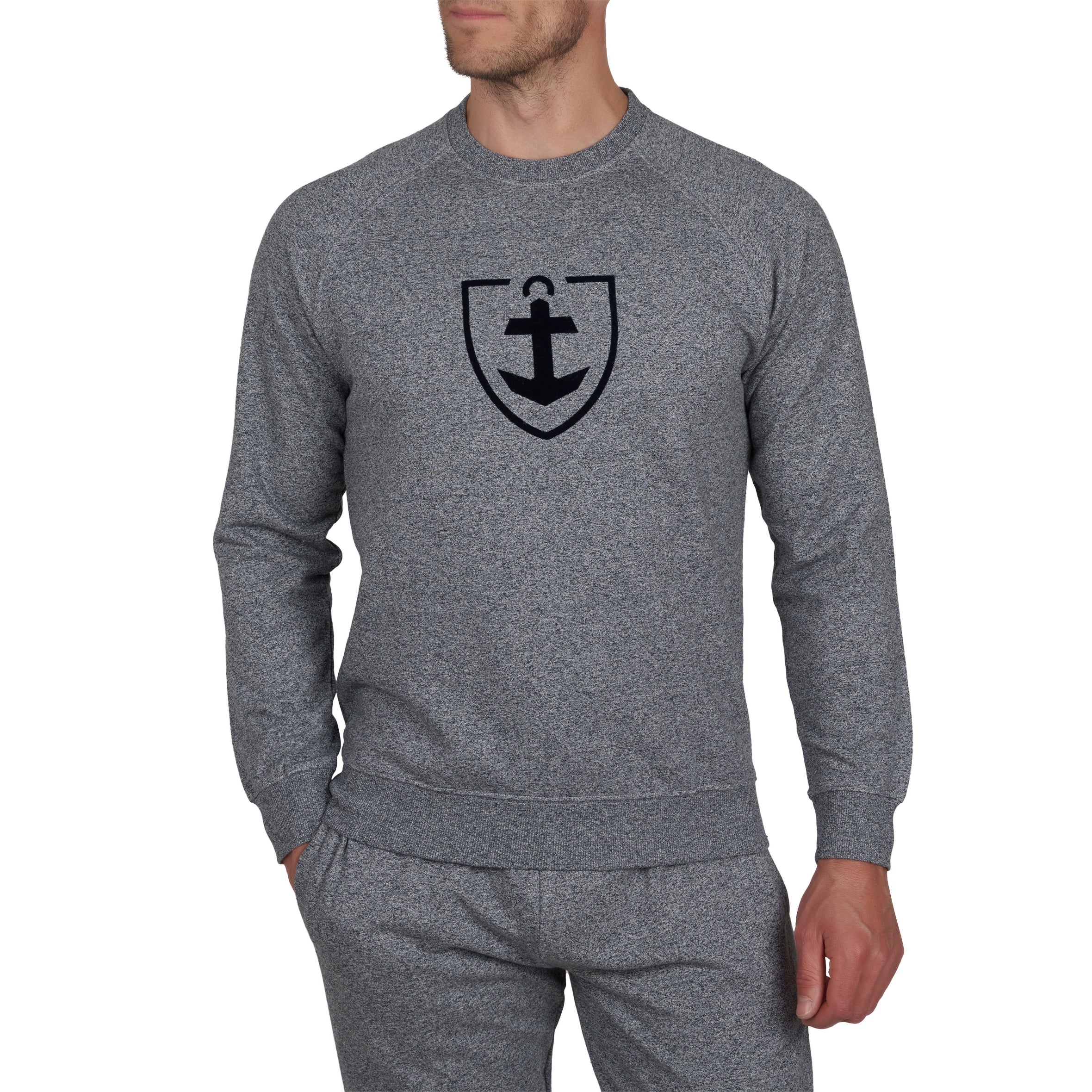 Sweatshirt Col Rond en Molleton Pur Coton MARINE Chiné