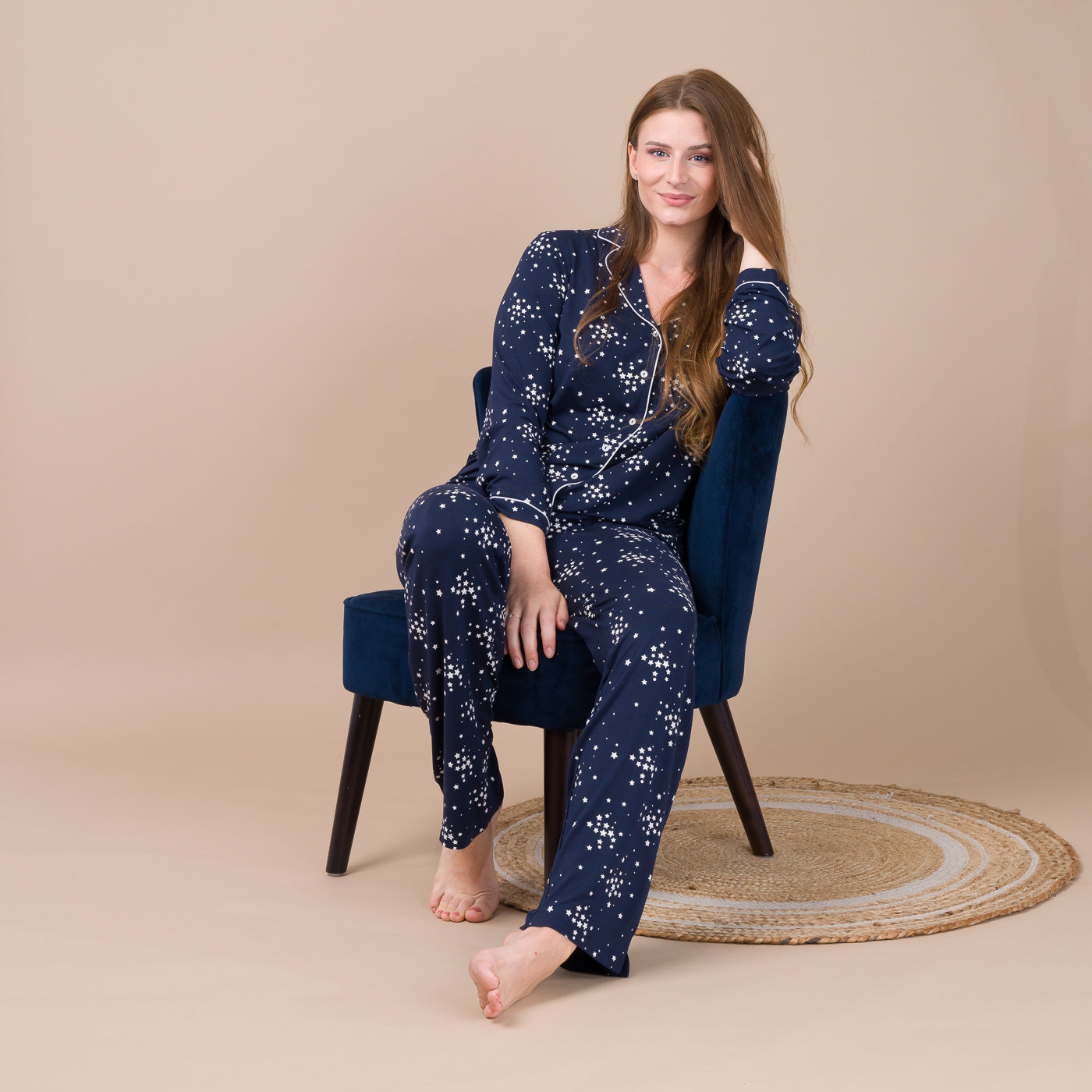 Pyjama Femme Boutonné en Maille Viscose Stretch Imprimée MARINE