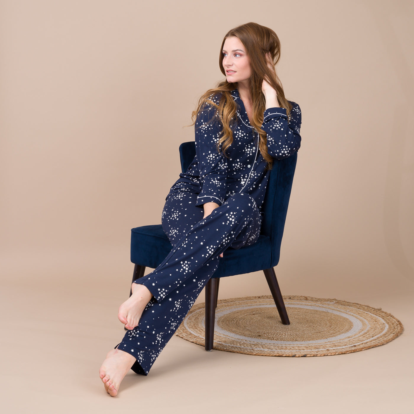 Pyjama Femme Boutonné en Maille Viscose Stretch Imprimée MARINE BF400