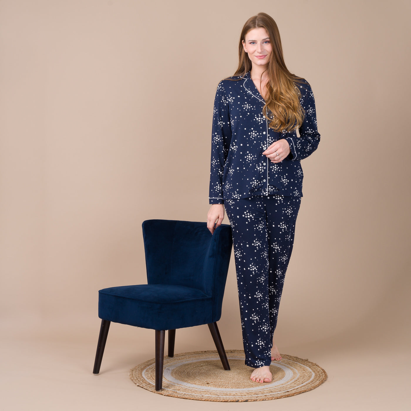 Pyjama Femme Boutonné en Maille Viscose Stretch Imprimée MARINE