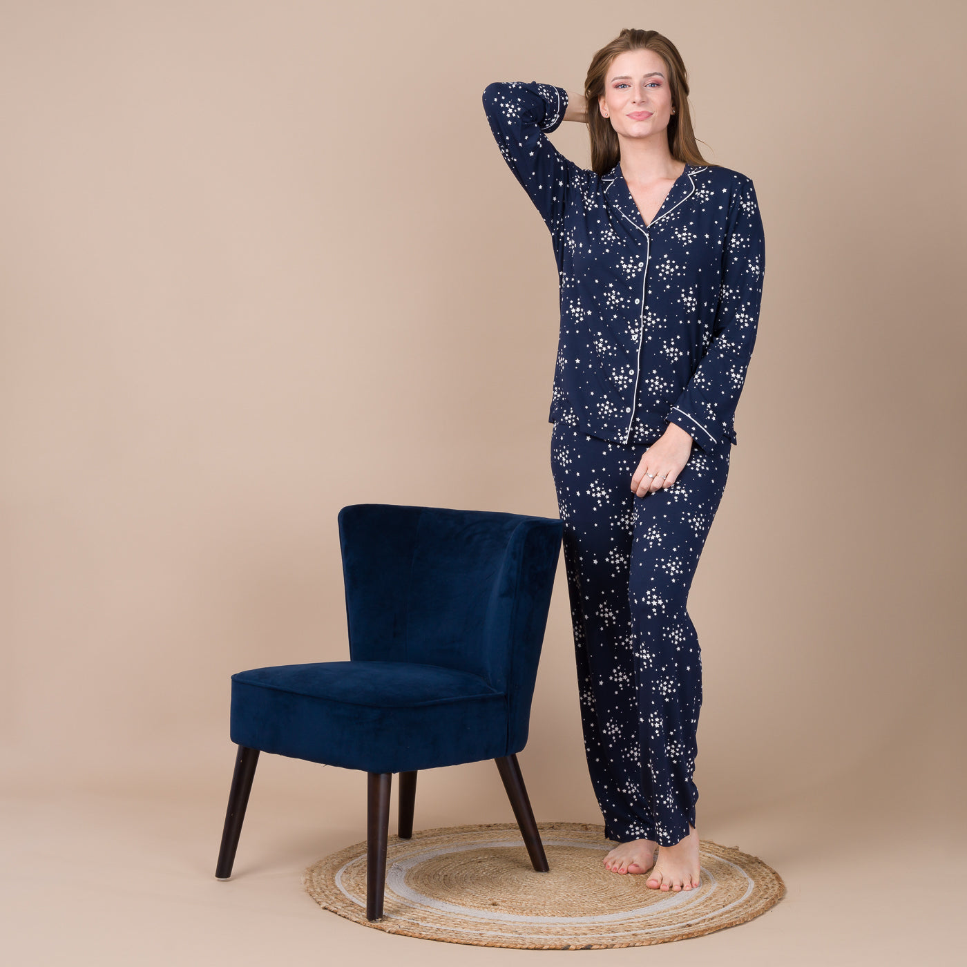 Pyjama Femme Boutonné en Maille Viscose Stretch Imprimée MARINE