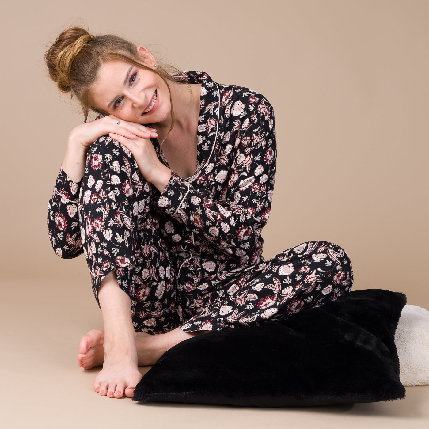 Pyjama Femme Boutonné en Viscose Imprimée NOIR BF408