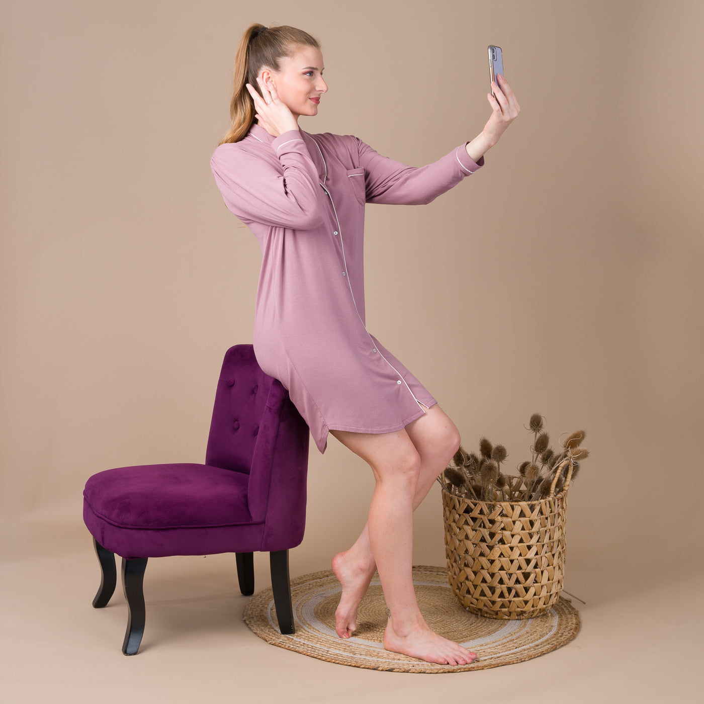 Liquette Femme Boutonnée en Maille Micromodal Stretch Taupe Rosé BF802