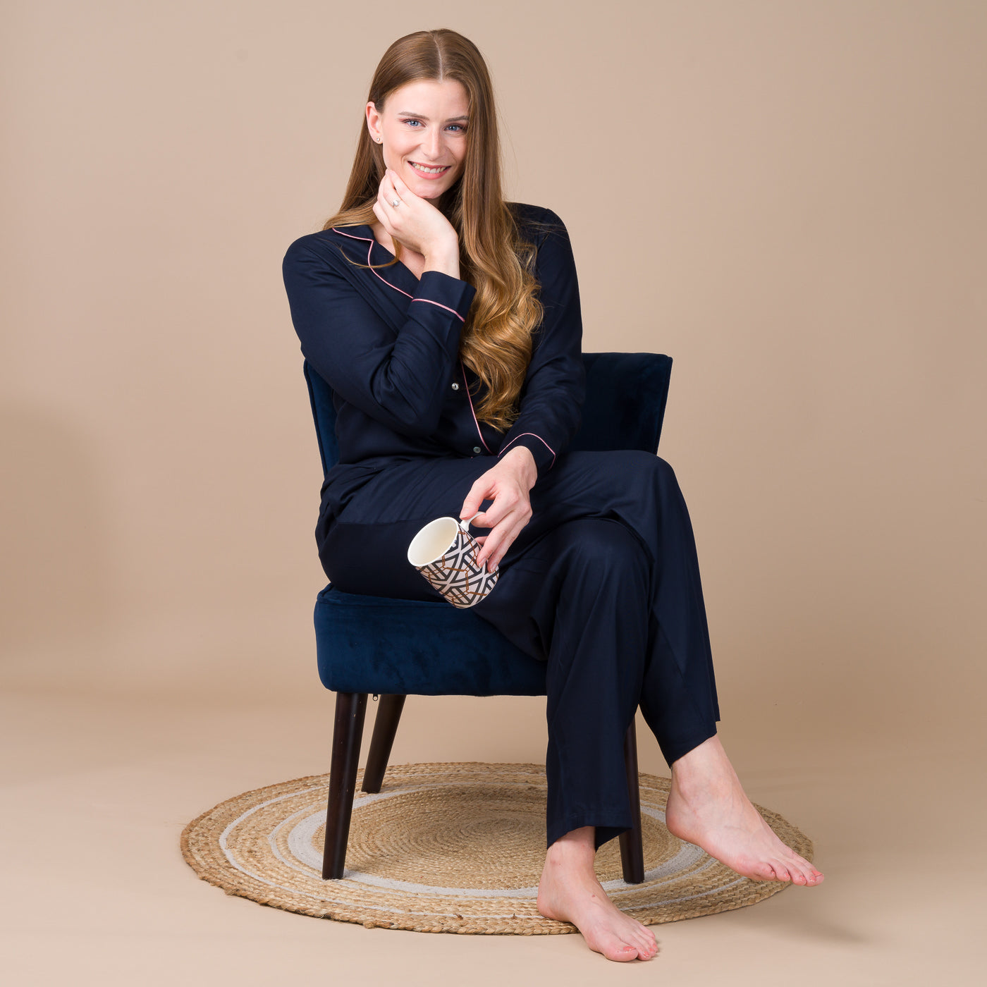 Pyjama Femme Boutonné en Viscose Bleu Marine BF407