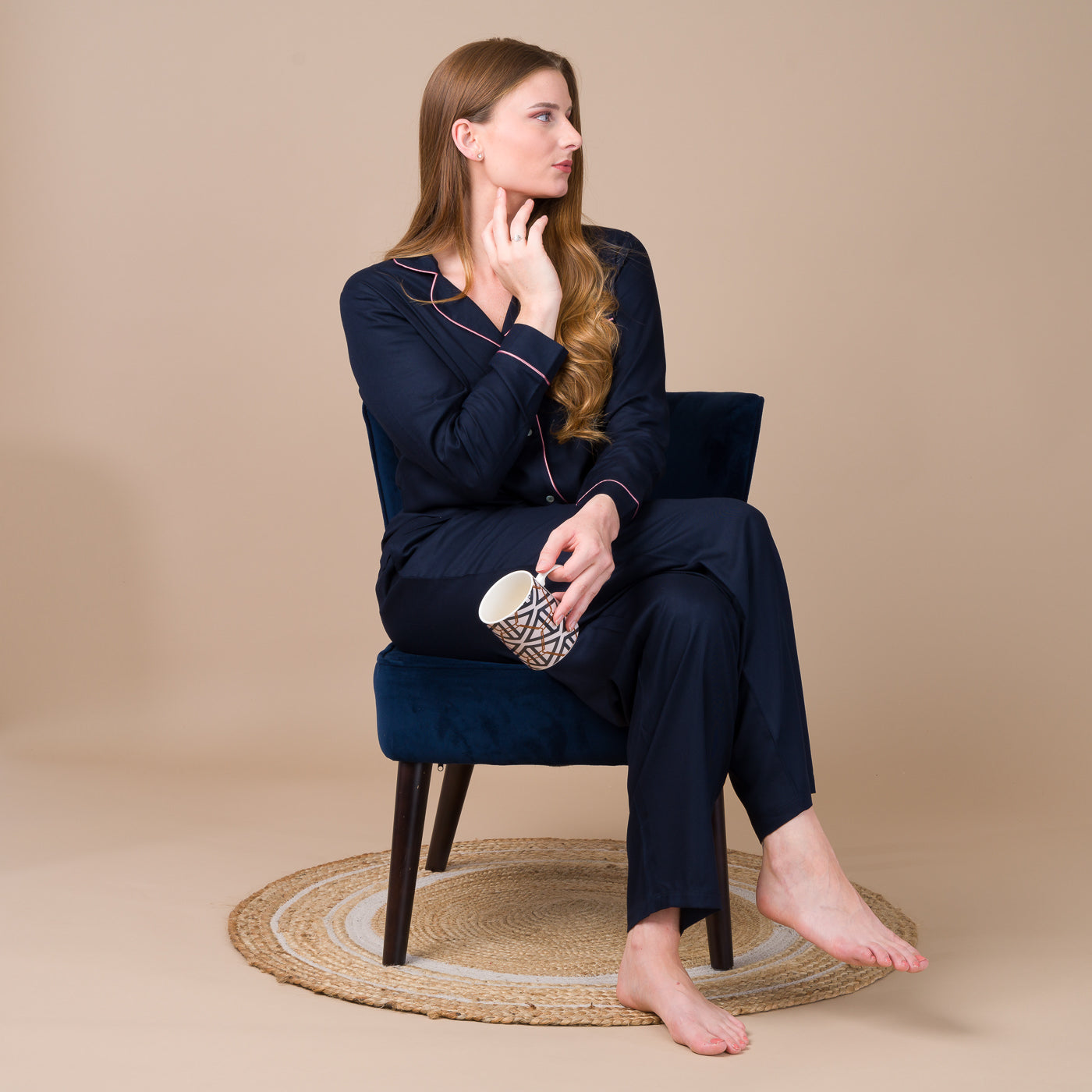 Pyjama Femme Boutonné en Viscose Bleu Marine BF407