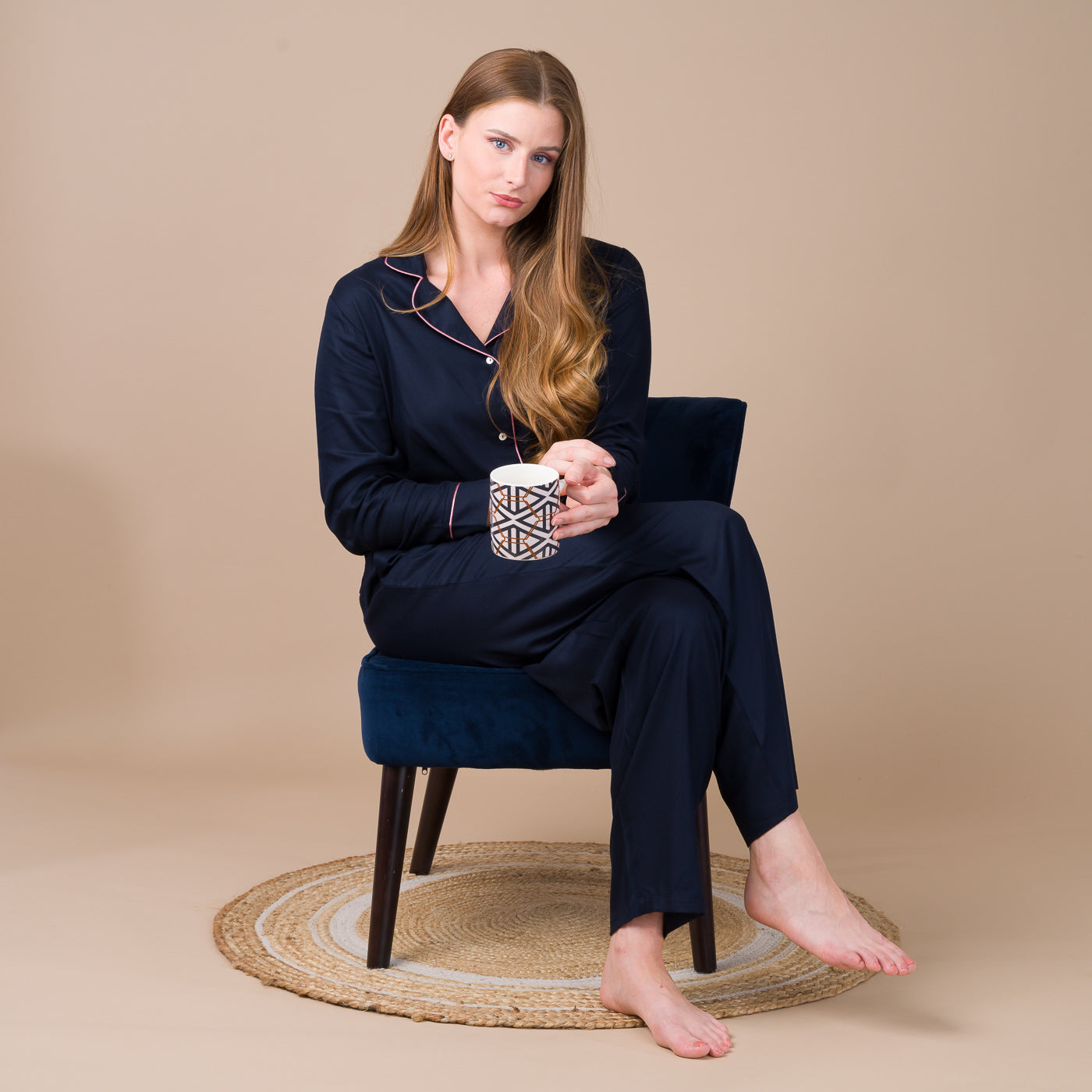 Pyjama Femme Boutonné en Viscose Bleu Marine BF407