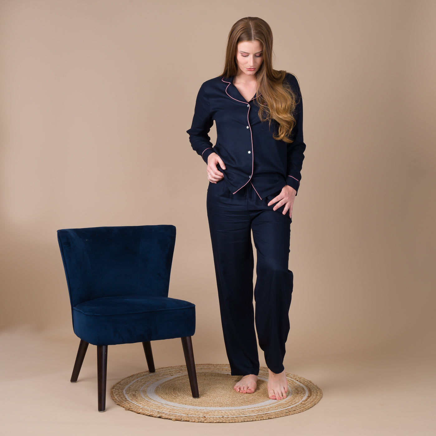 Pyjama Femme Boutonné en Viscose Bleu Marine BF407