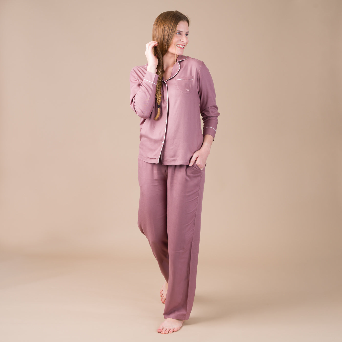 Pyjama Femme Boutonné en Viscose Taupe Rosé BF407