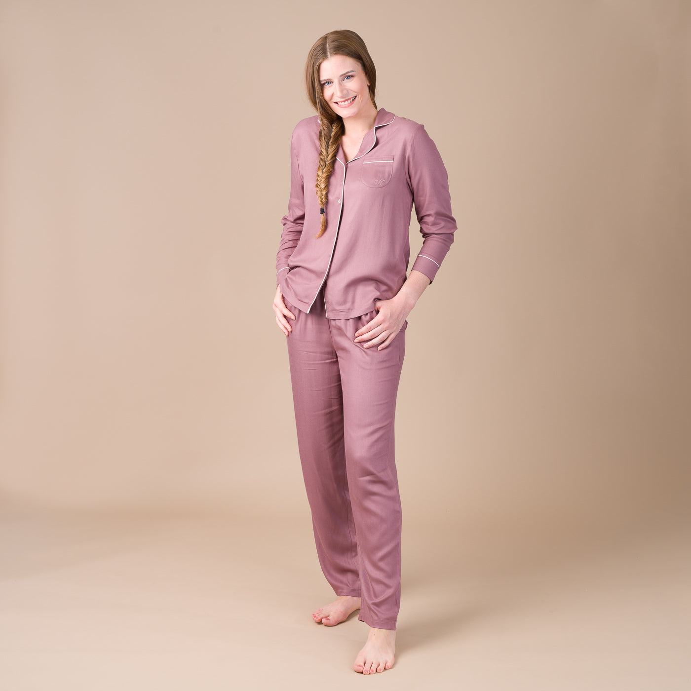 Pyjama Femme Boutonné en Viscose Taupe Rosé