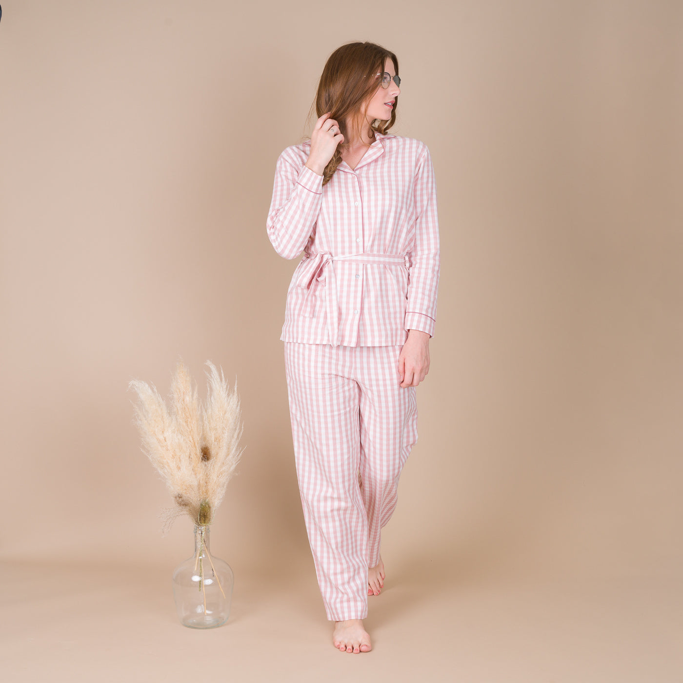 Pyjama Femme Boutonné en Popeline de coton SIENNE Rosé BF409