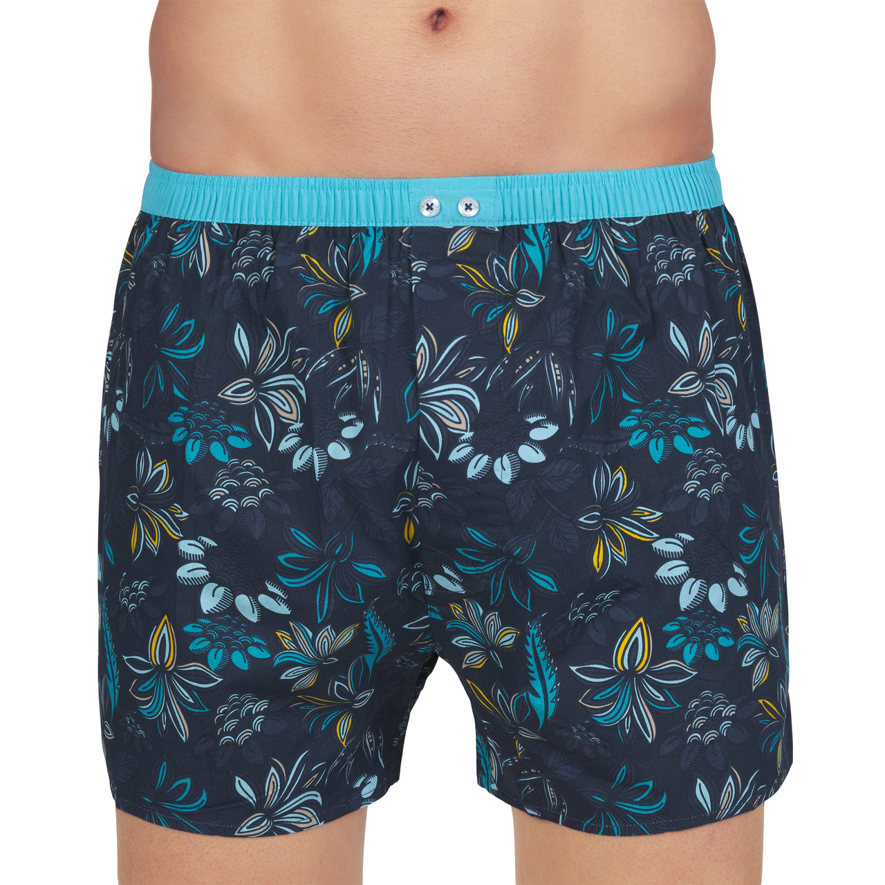 Caleçon en Popeline de Pur Coton Imprimé Floral Fond MARINE