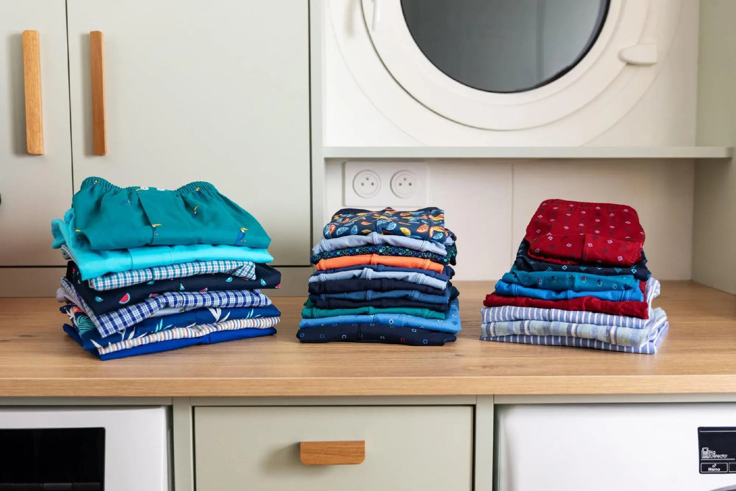 Piles de linge plié soigneusement sur un plan de travail devant un lave-linge : bien laver son linge sans l'abîmer préserve couleurs et tissus