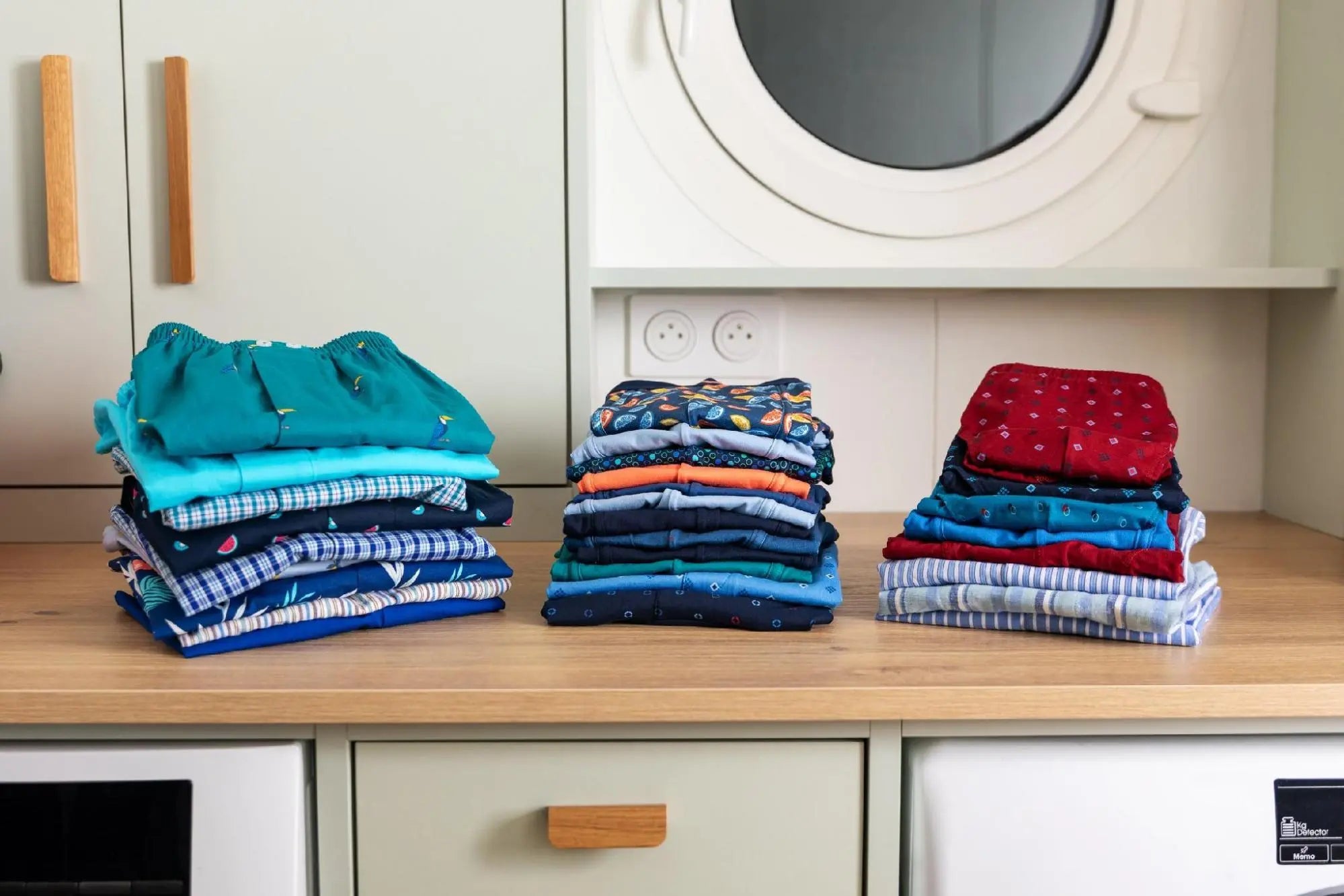 Piles de linge plié soigneusement sur un plan de travail devant un lave-linge : bien laver son linge sans l'abîmer préserve couleurs et tissus