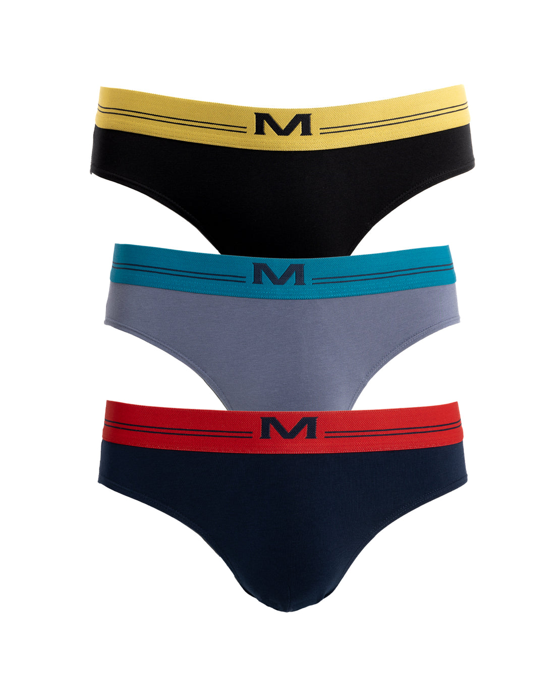 Pack de 3 Slips taille basse assortis – Modèle noir, gris et bleu avec ceintures colorées.