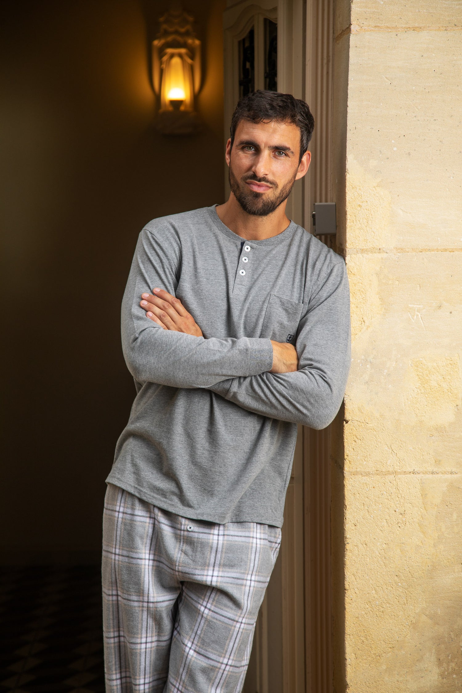 Pyjama Long col boutonné en jersey de coton anthracite chiné et flanelle H420